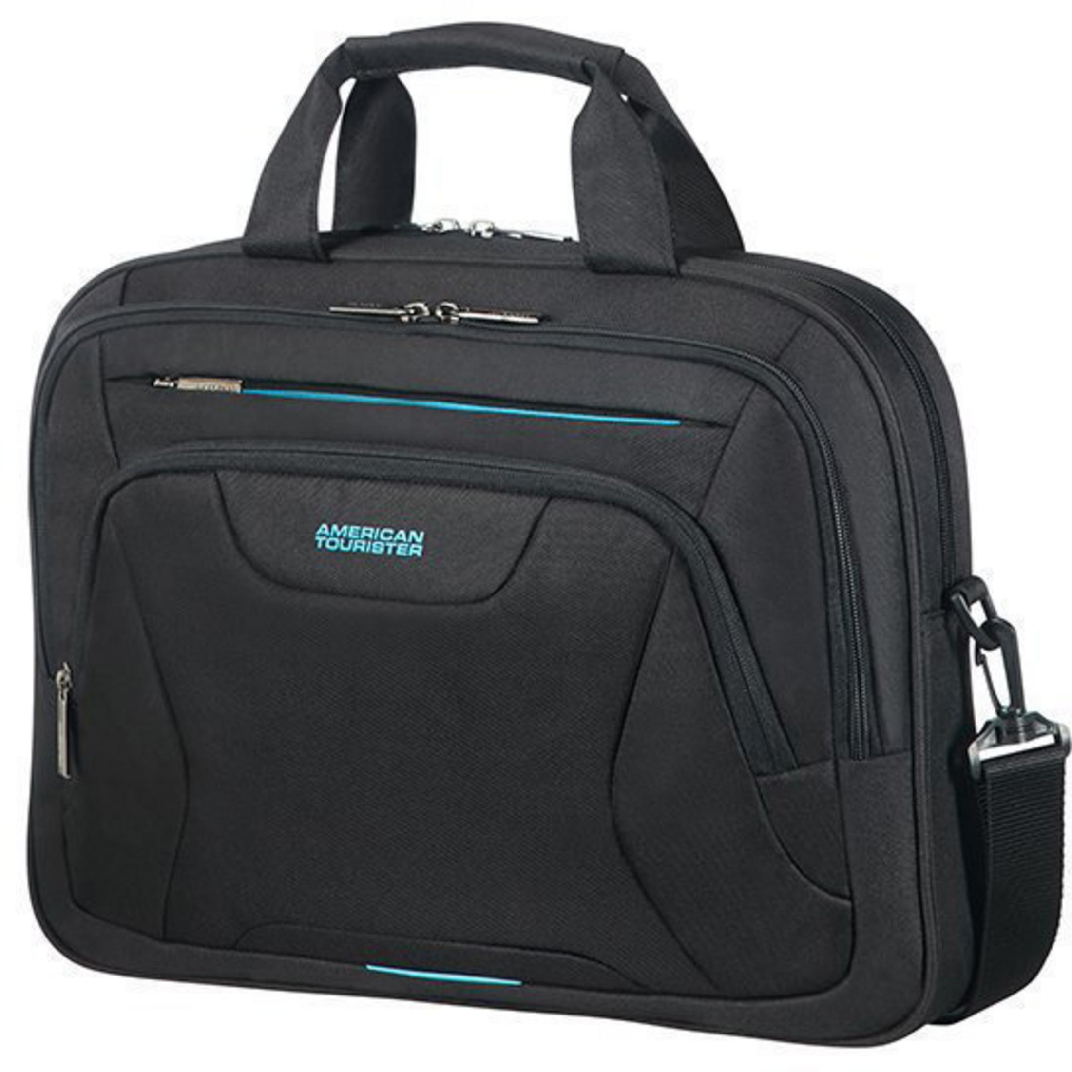 Borsa per laptop nera con dettagli blu e la scritta AMERICAN TOURISTER. Con maniglia e tracolla.