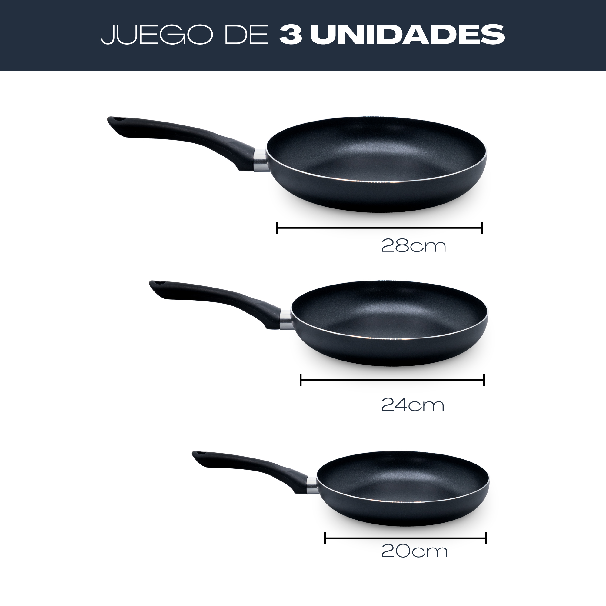 Tres sartenes negras de diferentes tamaños, sobre un fondo blanco.