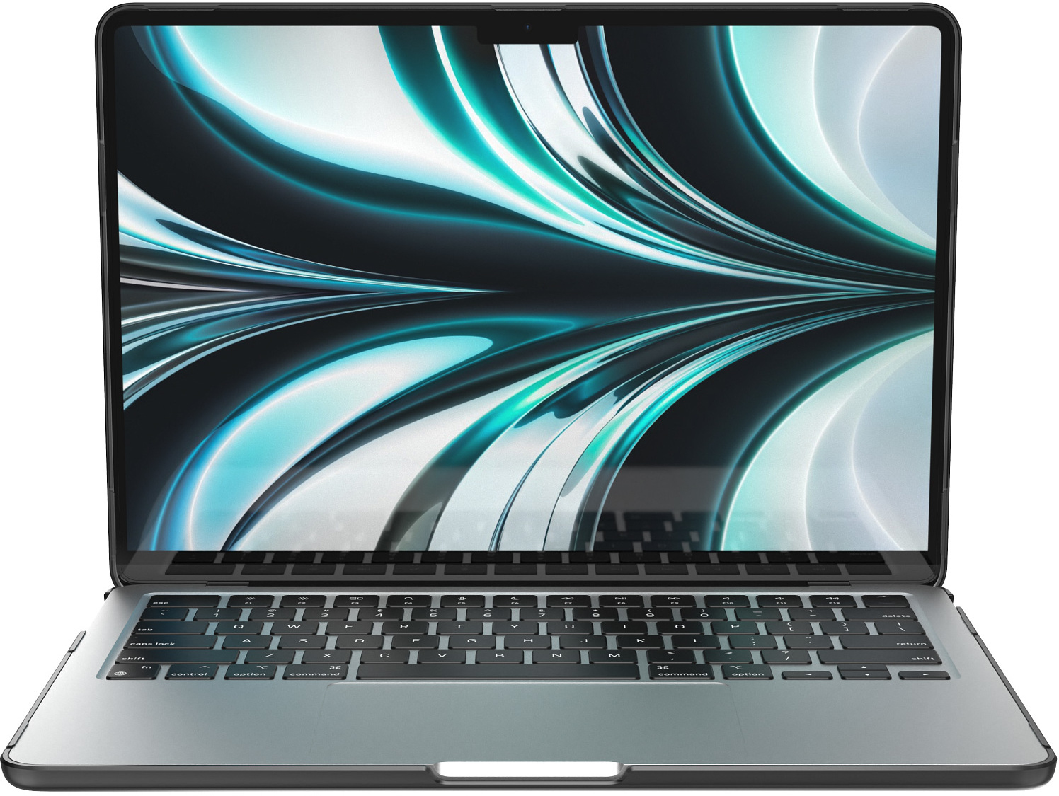 Laptop argento aperto, schermo con design a onda blu e nero. Tastiera visibile.