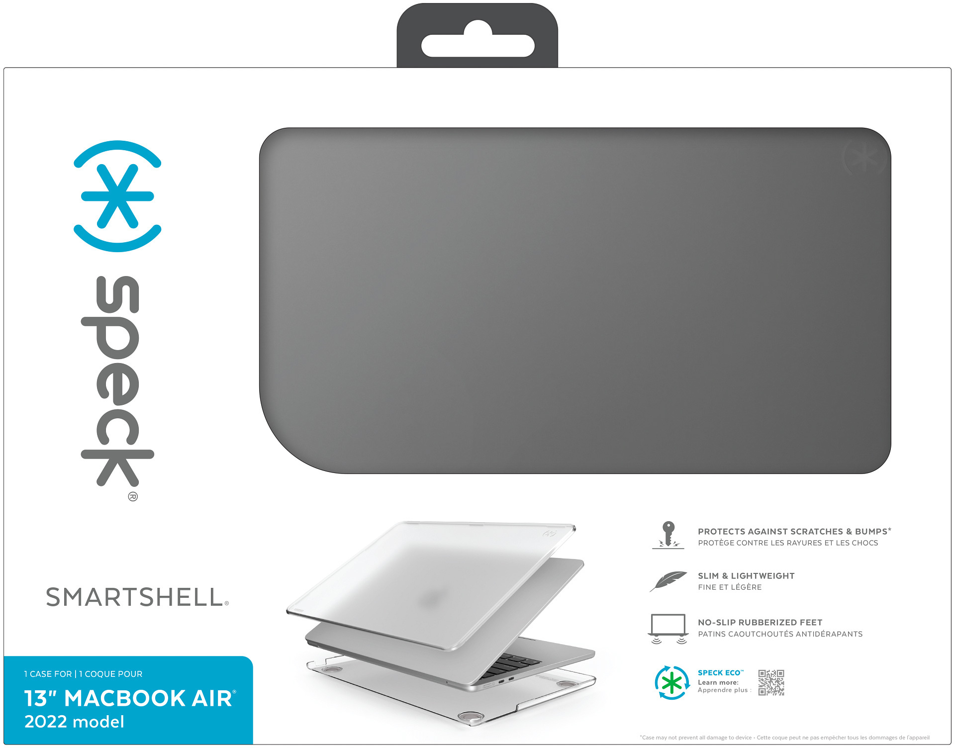 Custodia grigia per laptop, la scatola mostra una grafica di laptop, il marchio è 'speck' e la scritta 'Smartshell'.