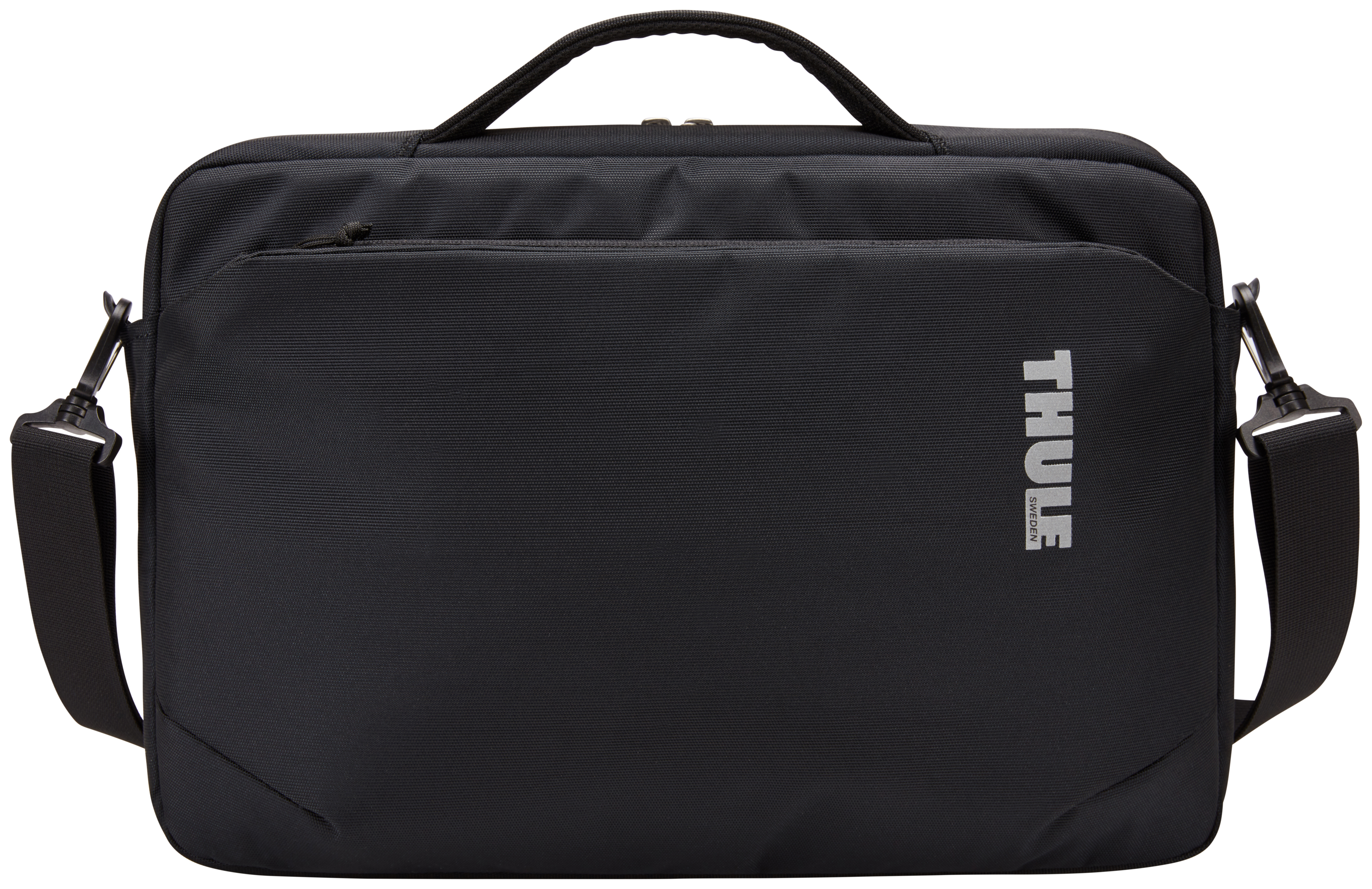 Borsa per laptop Thule nera con manico, tracolla e tasca frontale.
