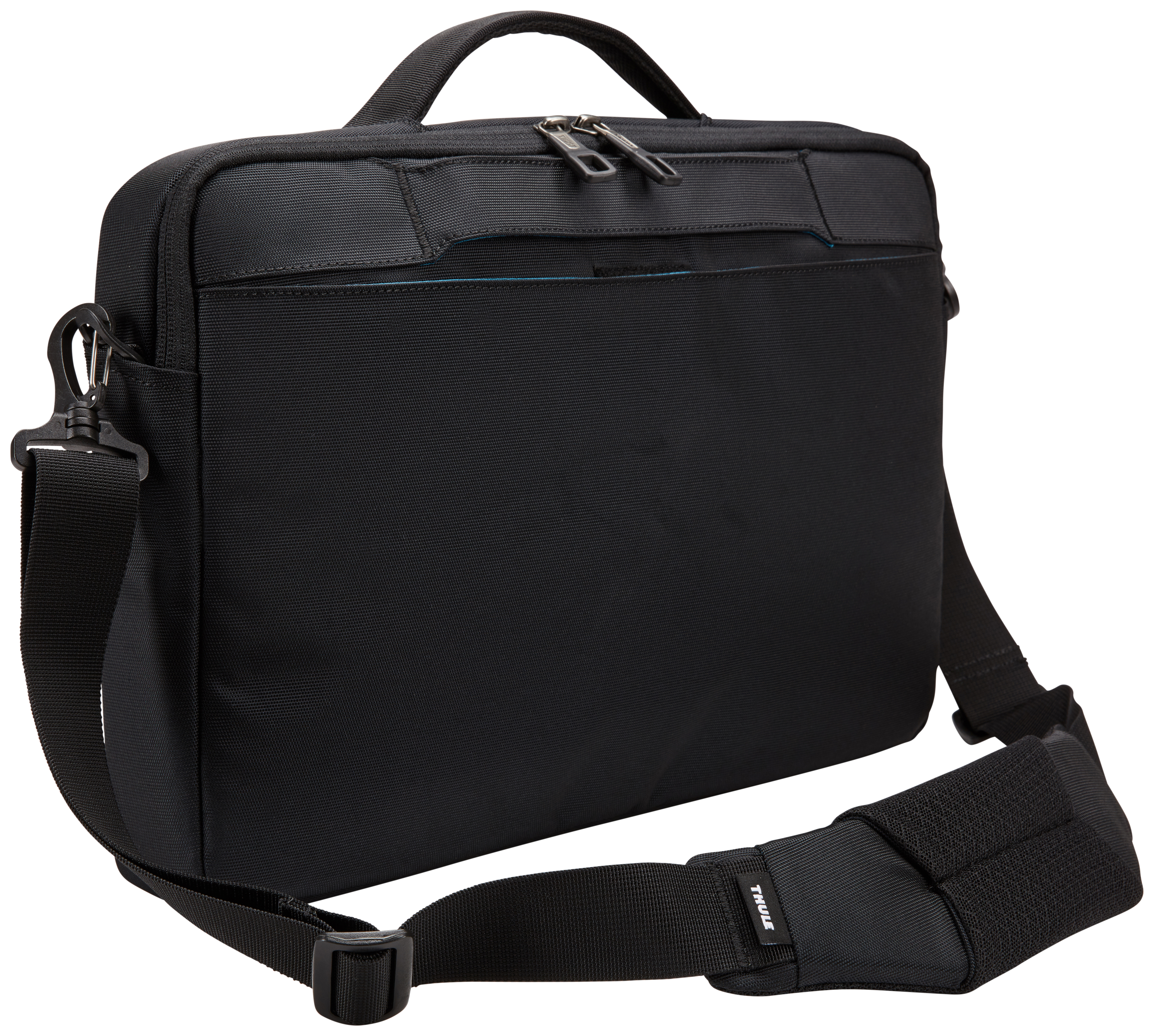 Una borsa nera per laptop con tracolla e maniglia. Ha una tasca frontale e chiusure a zip.