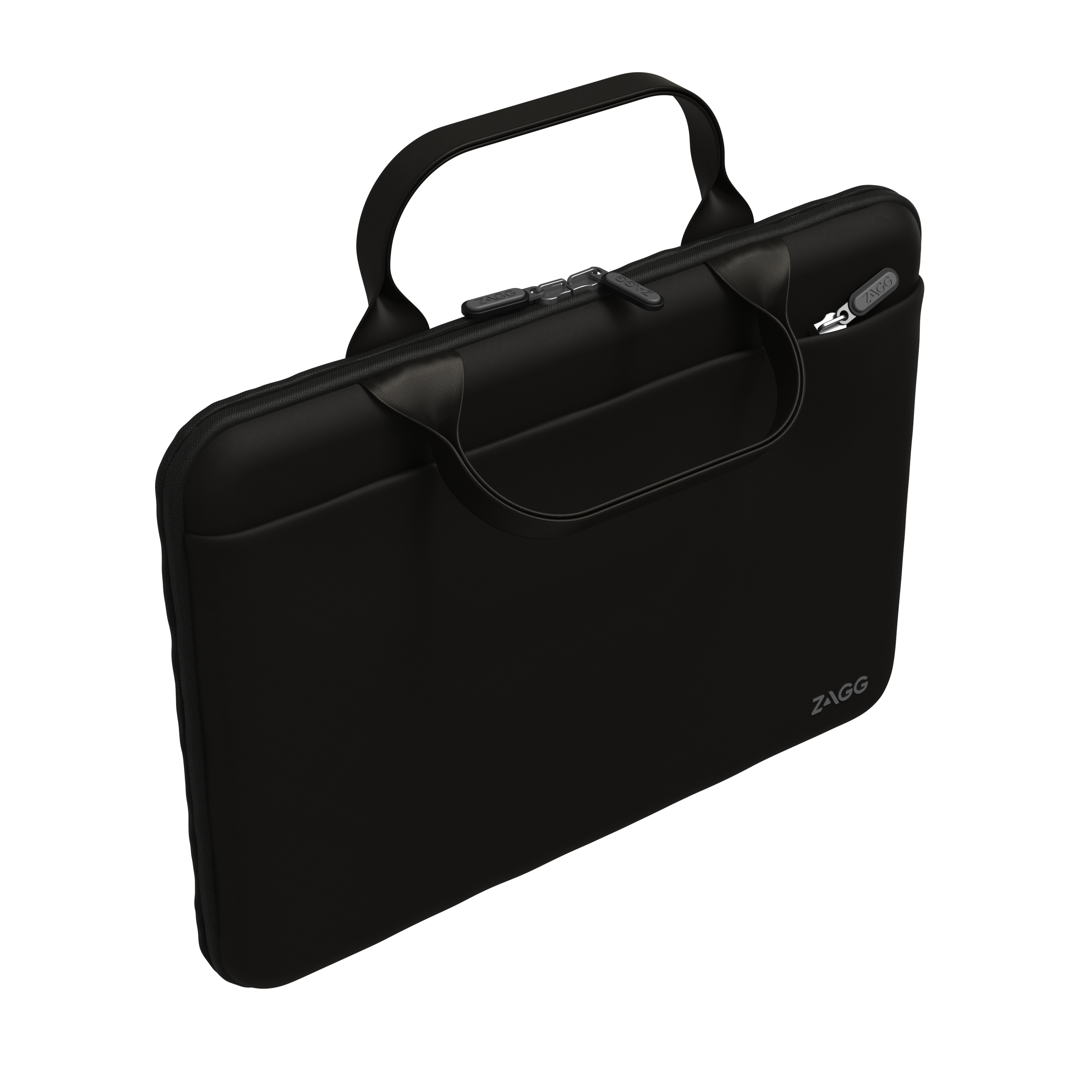 Custodia per laptop nera con manico e cerniera. Logo ZAGG nell'angolo.