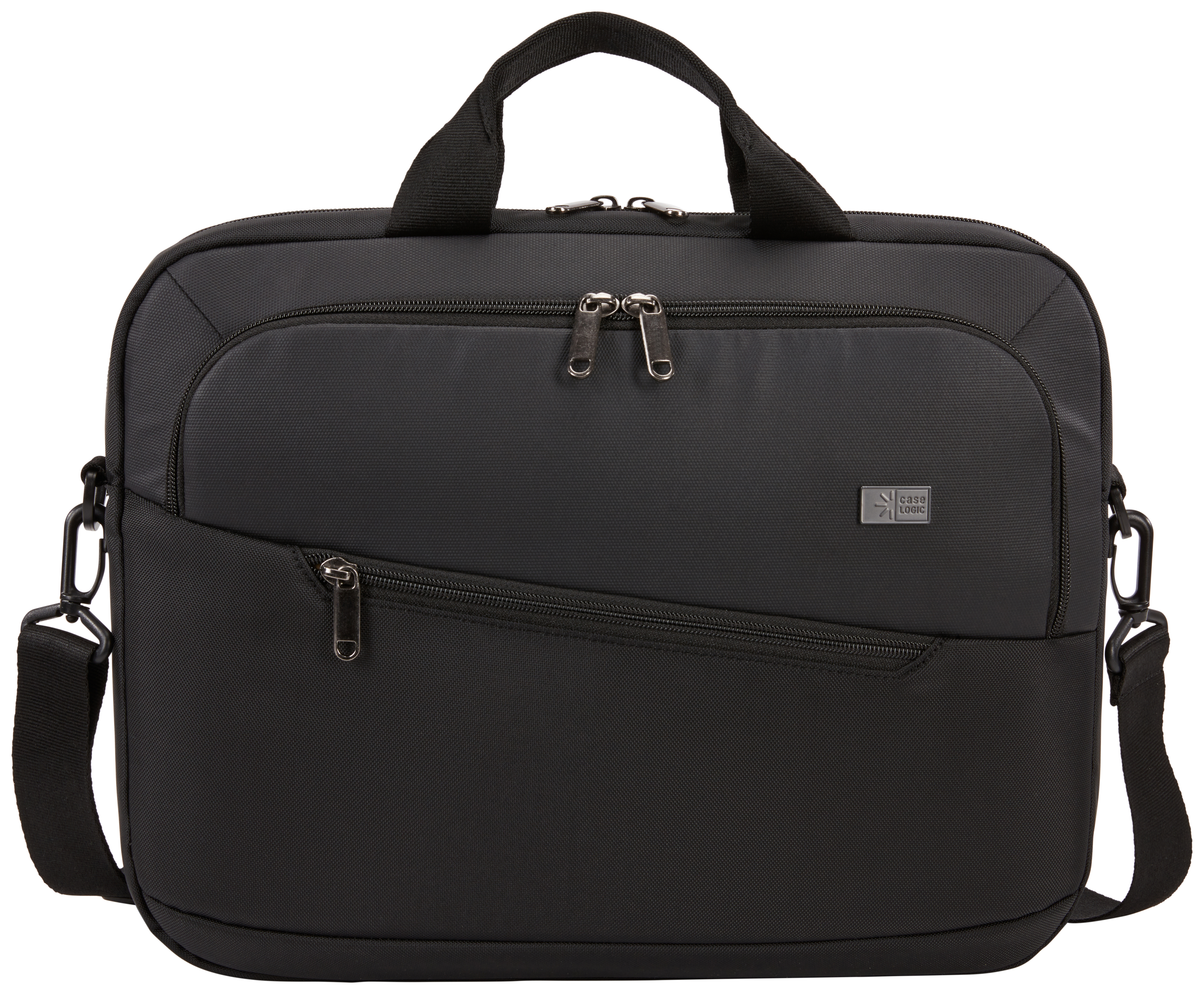 Una borsa per laptop Case Logic nera con più scomparti con cerniera e una tracolla.