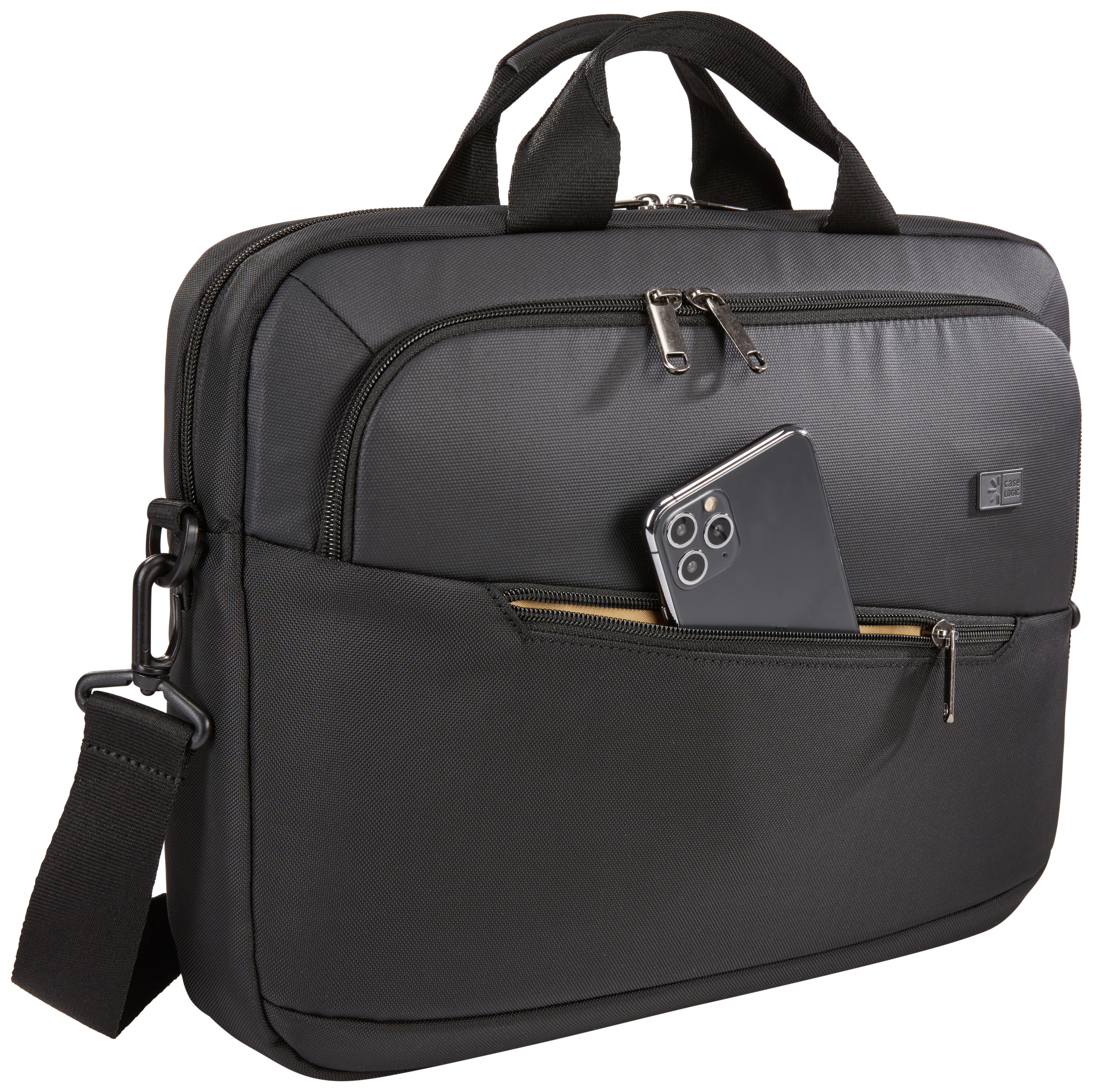 Borsa per laptop nera con telefono in tasca, tracolla, manici e cerniere argentate.
