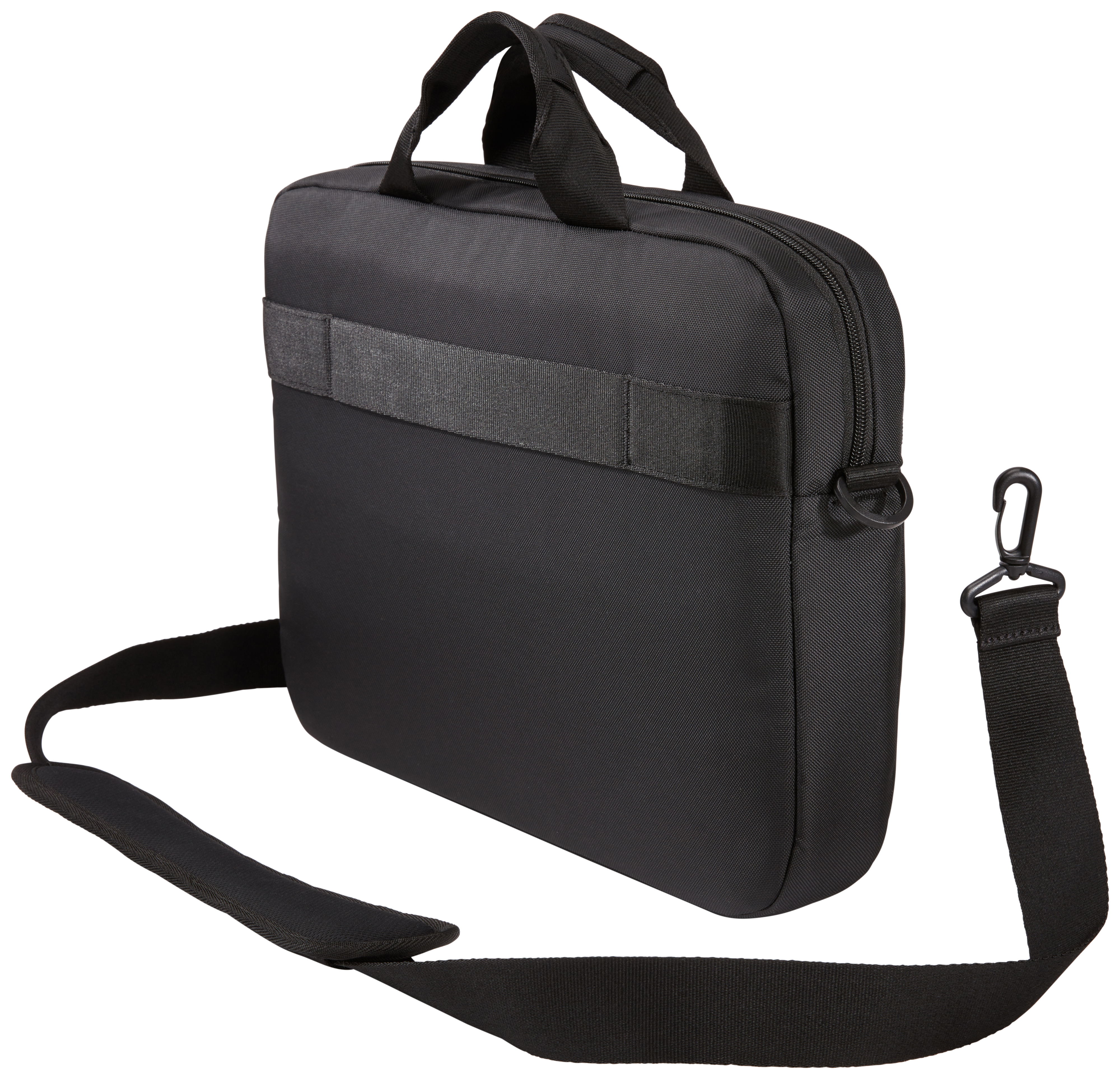 Borsa per laptop nera con manico, tracolla e chiusura. Sfondo bianco.