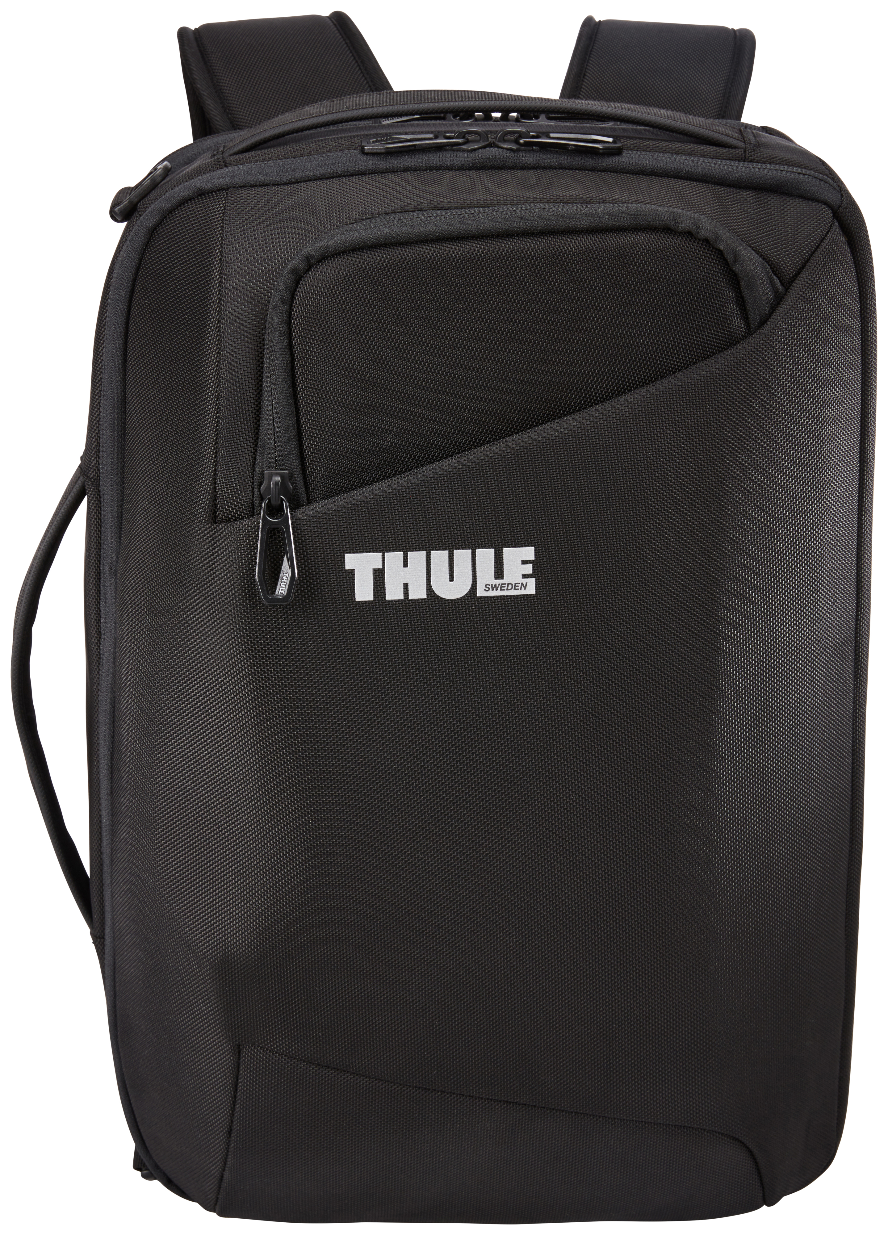 Zaino nero con tasca frontale con zip e logo Thule su sfondo bianco.