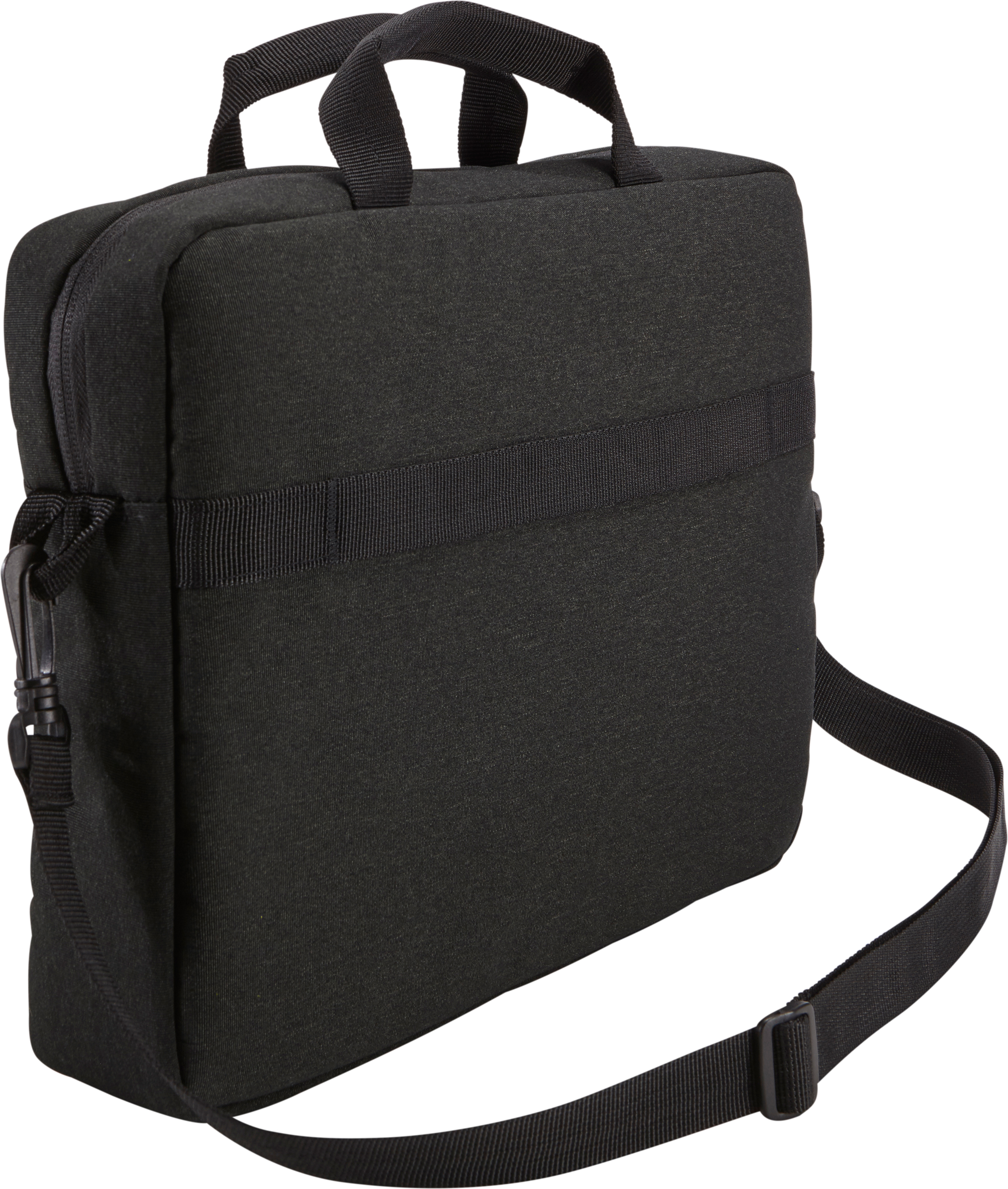 Sacoche noire pour ordinateur portable avec sangle, poignée et poche latérale.