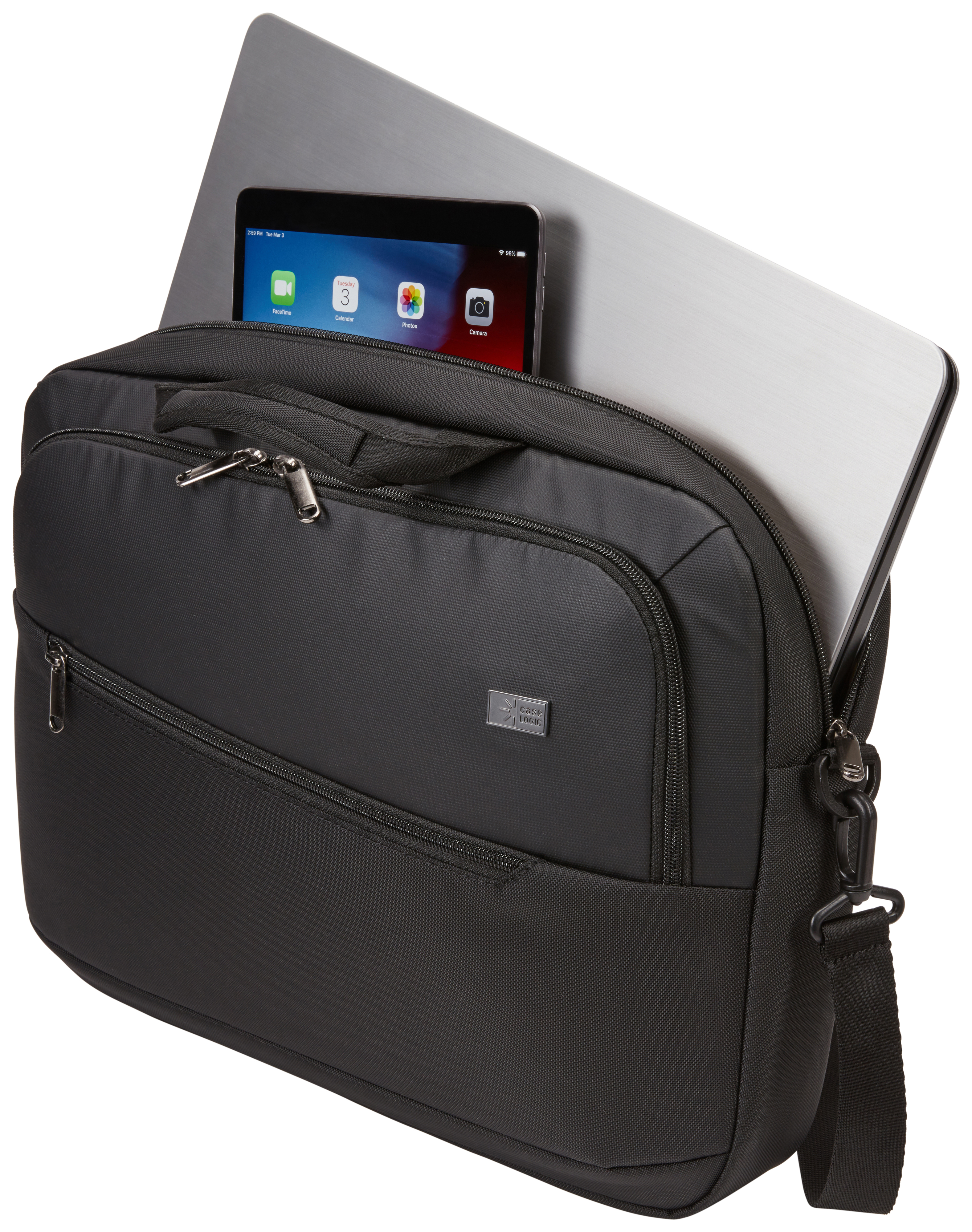 Borsa messenger nera con laptop e tablet all'interno. Laptop argentato parzialmente visibile.