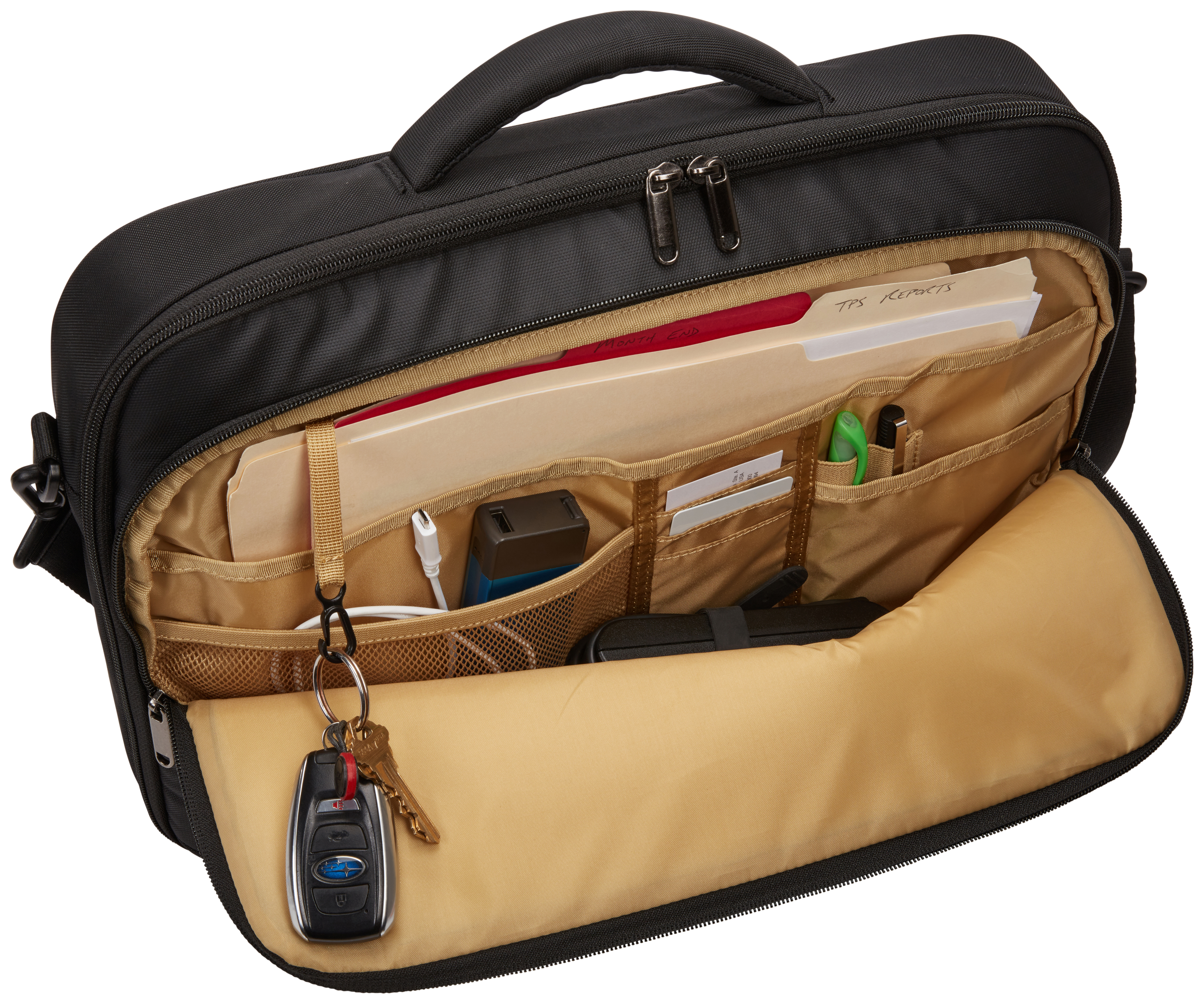 Valigetta nera, aperta per mostrare tasche interne, file e chiavi appese a un gancio.