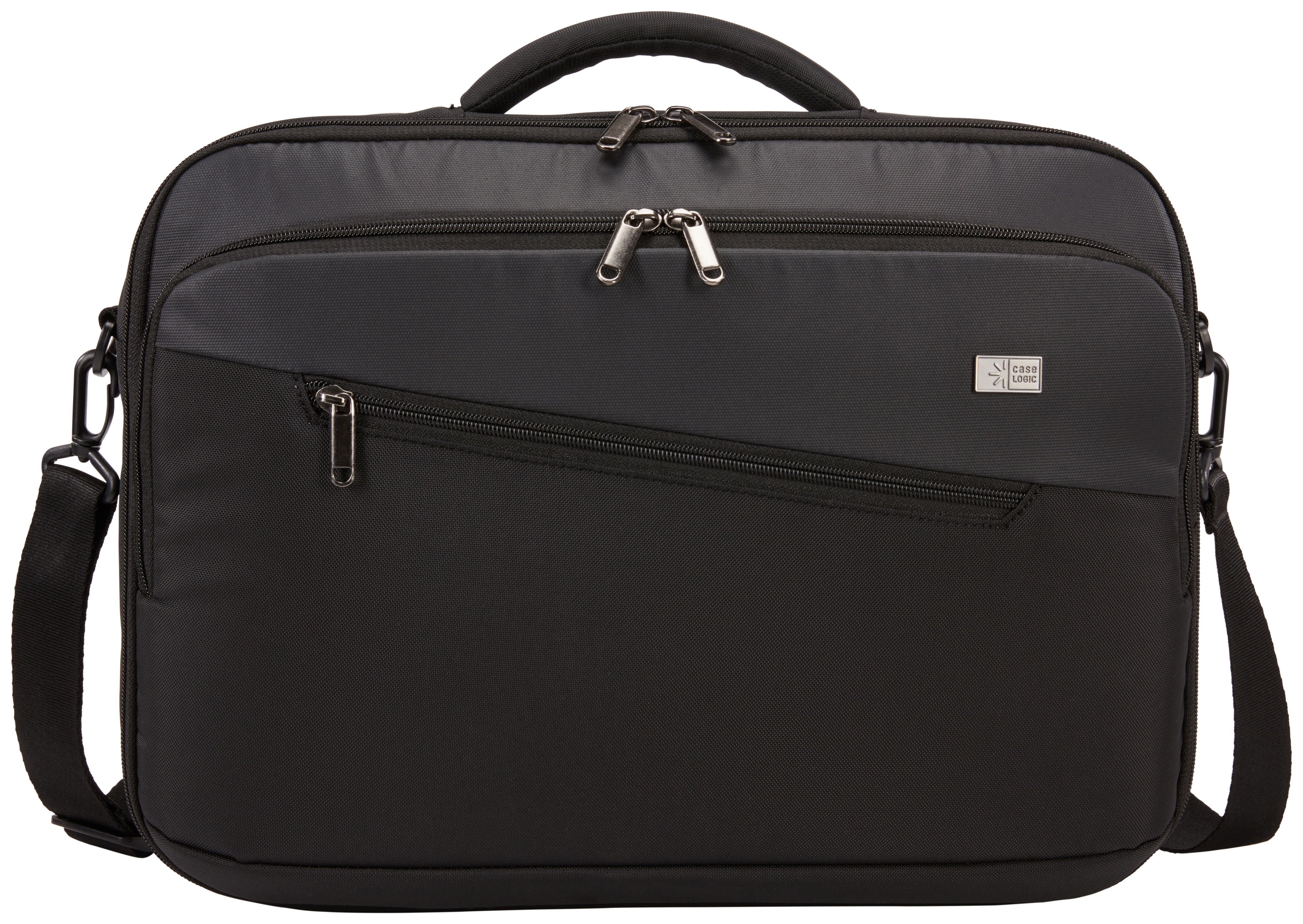 Borsa nera per laptop con più tasche, tracolla.