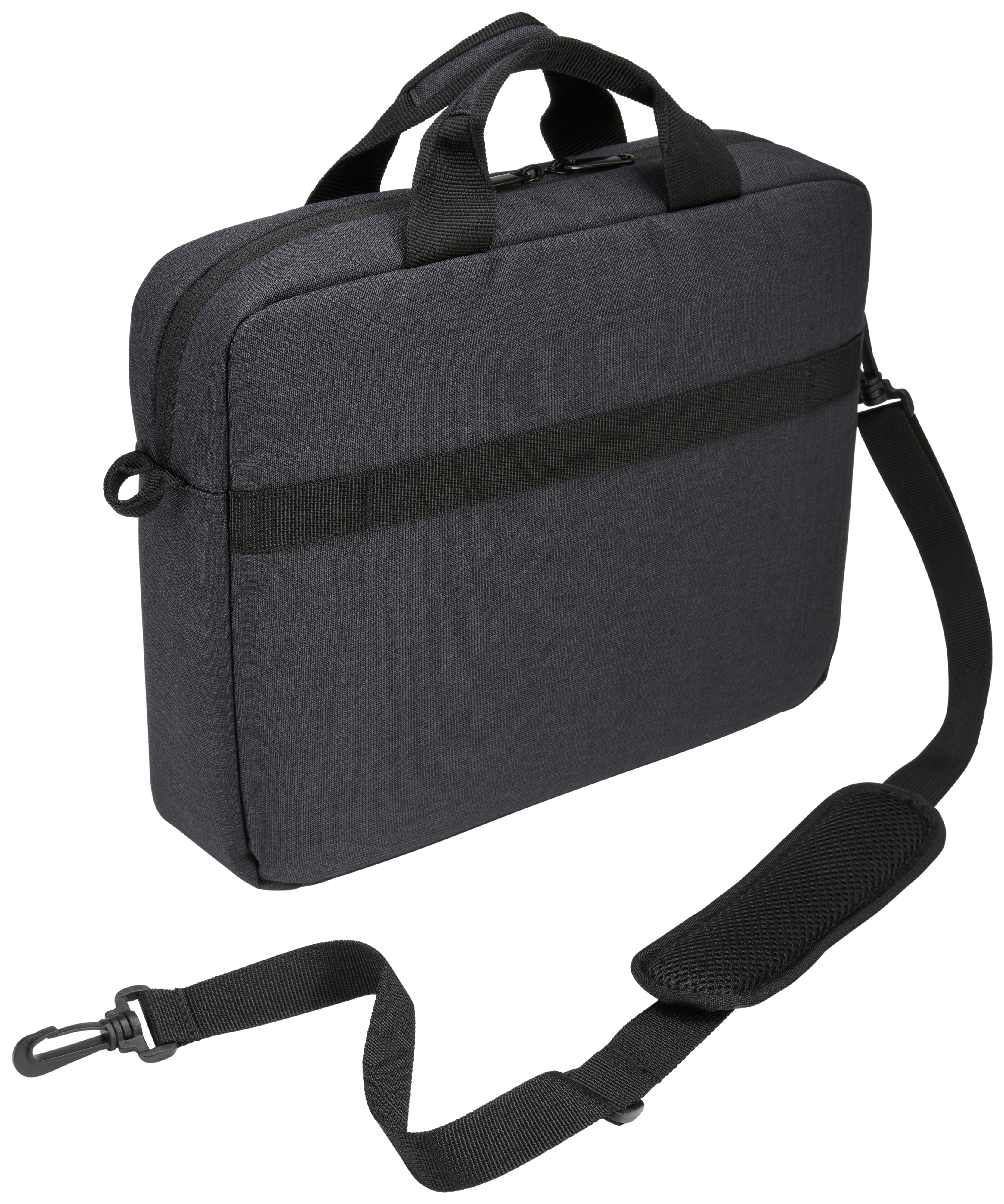 Zwarte laptoptas met schouderriem. Handvat bovenop. Witte achtergrond.