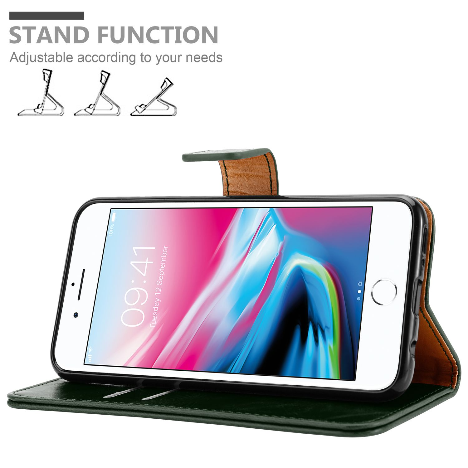 Custodia per telefono in pelle verde con telefono all'interno. Testo in alto: Funzione supporto. Sfondo bianco.