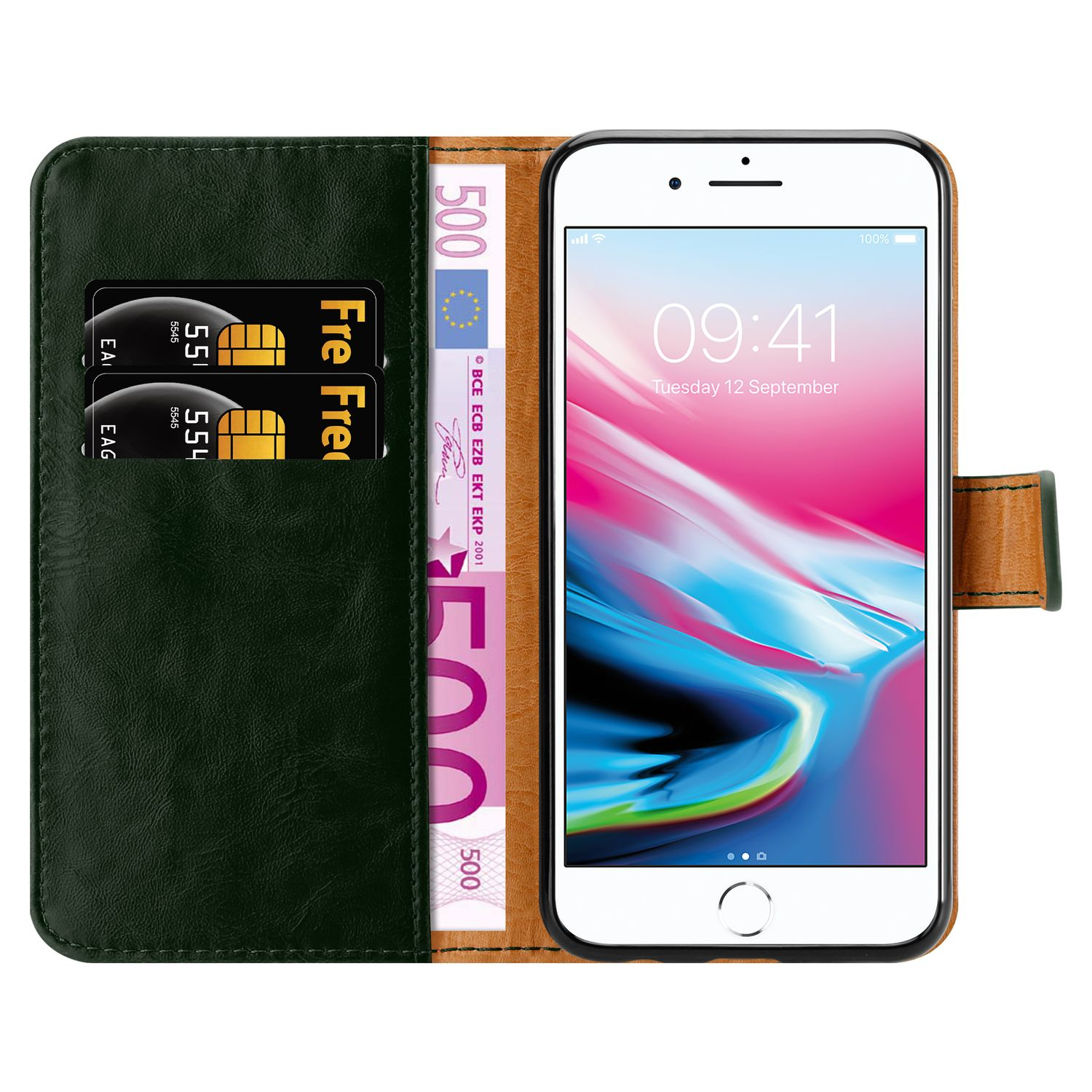 Un portafoglio verde con carte di credito e una banconota da 500 euro. Un telefono è visibile.