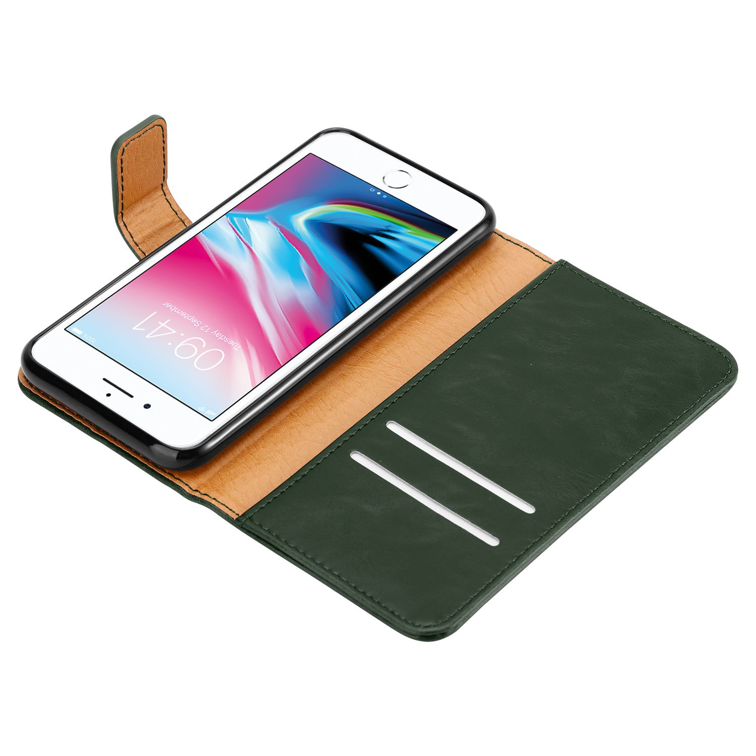 Custodia del telefono aperta con telefono. Il telefono ha uno schermo bianco. La custodia è verde e marrone.