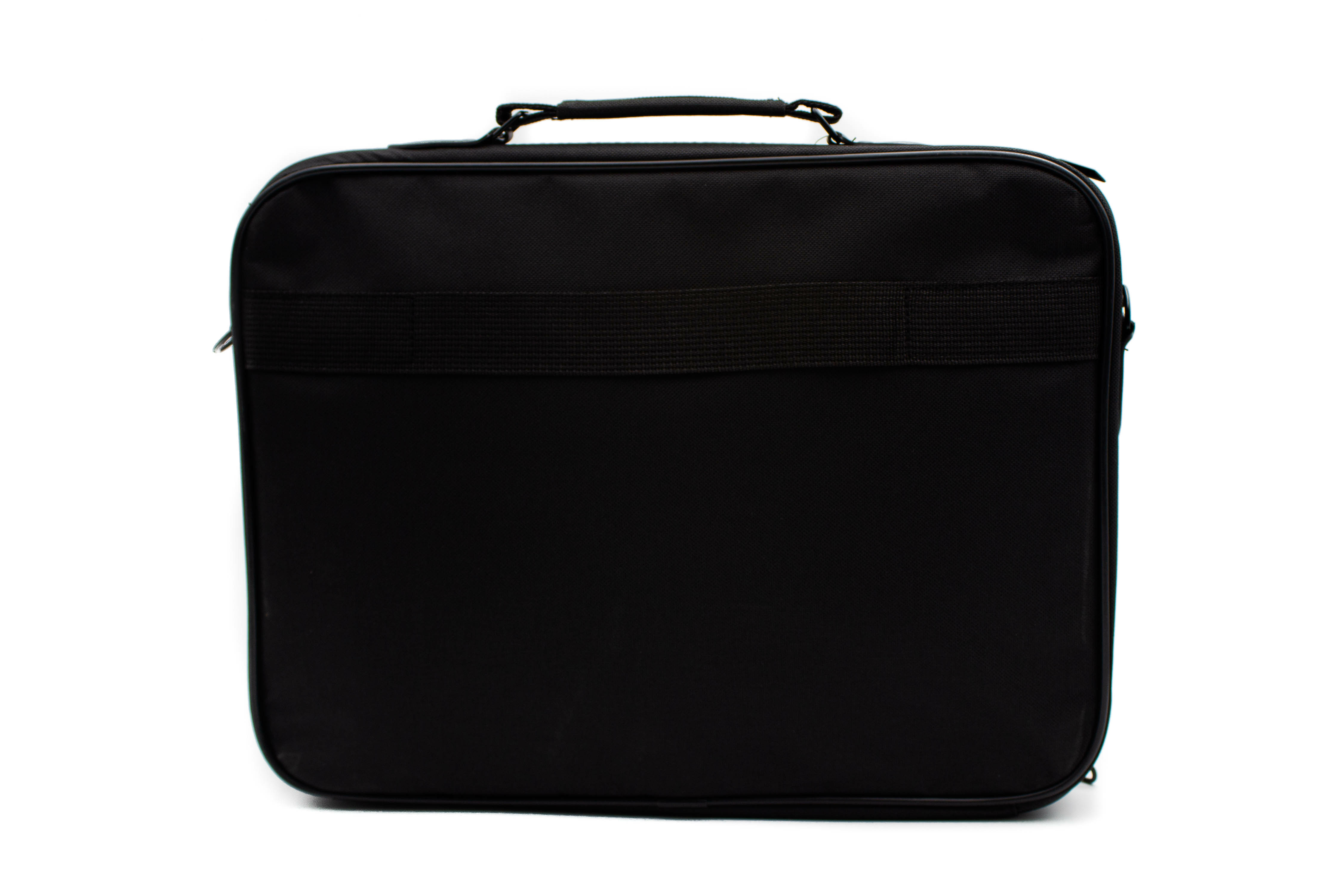 Una borsa nera per laptop con maniglia e tracolla, su sfondo bianco.