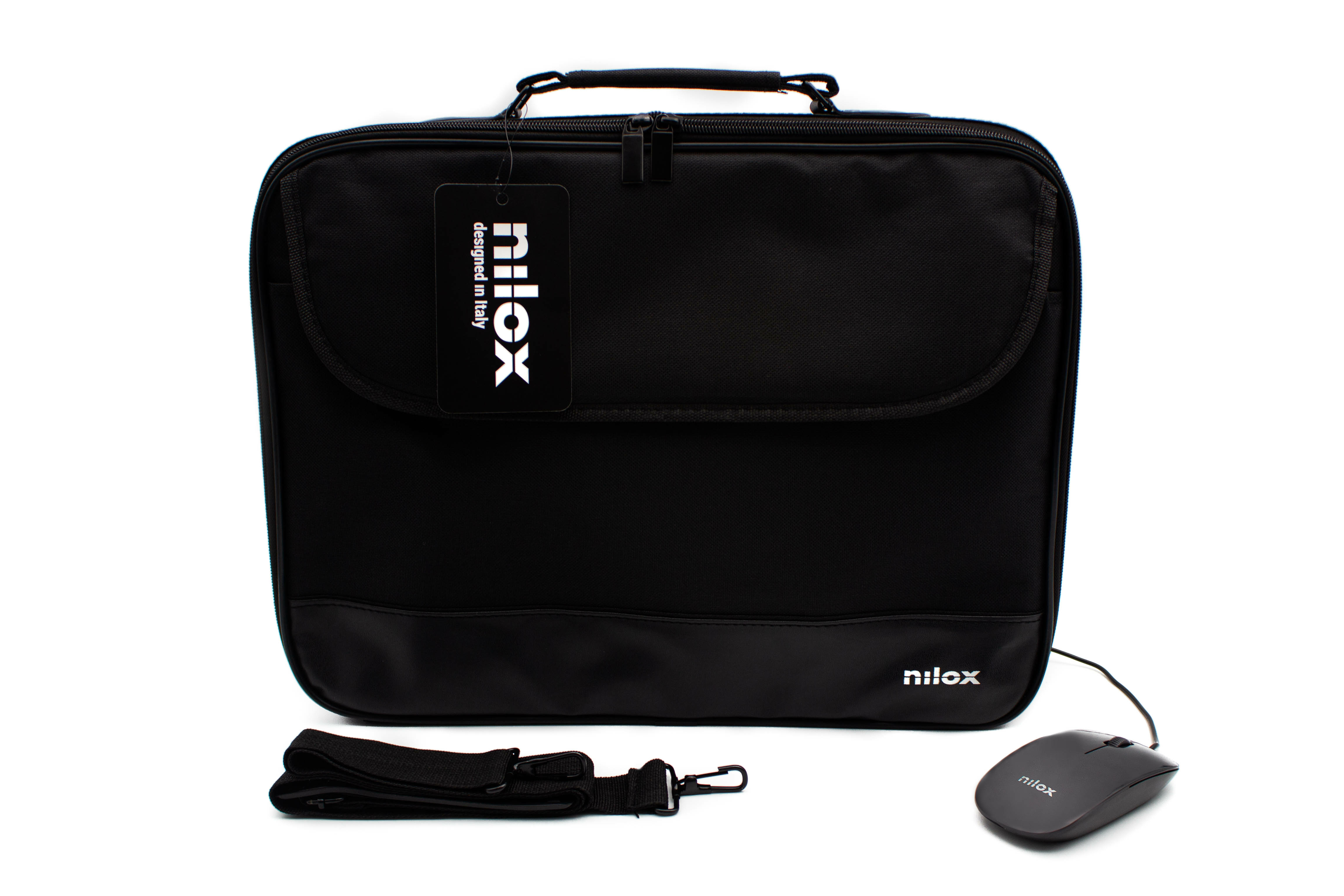 Borsa per laptop nera con manico, tracolla e mouse. Etichetta: 'Designed in Italy'.