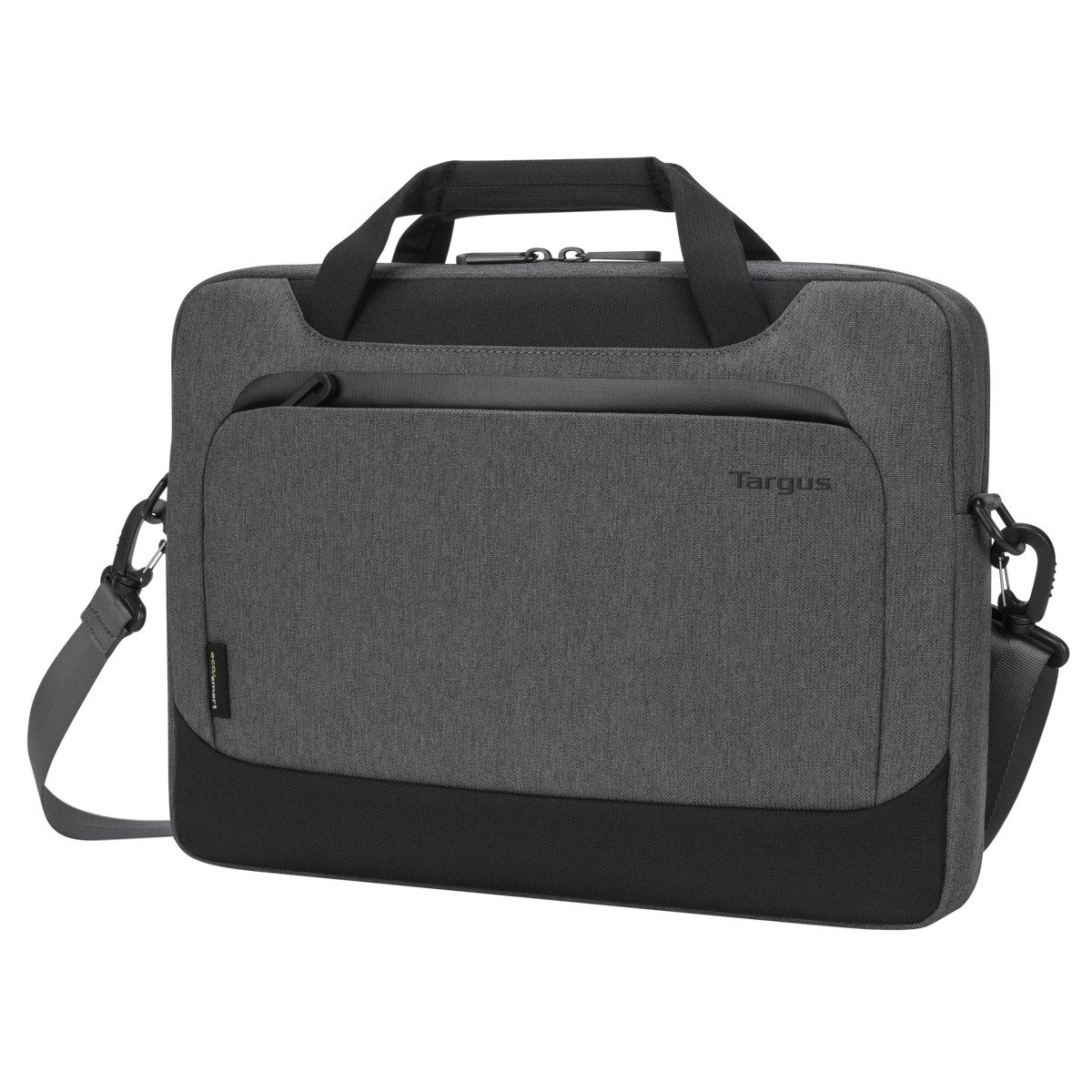Graue Targus Laptoptasche mit schwarzen Akzenten und Schulterriemen. Mit einer Vordertasche und Griff.