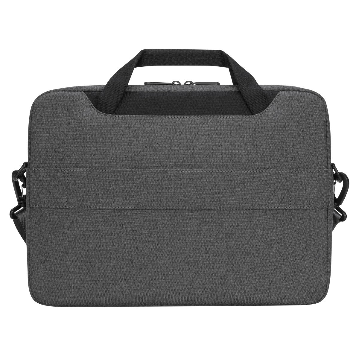 Graue Laptoptasche mit Griff und Riemen. Sie ist schlicht mit Reißverschluss.