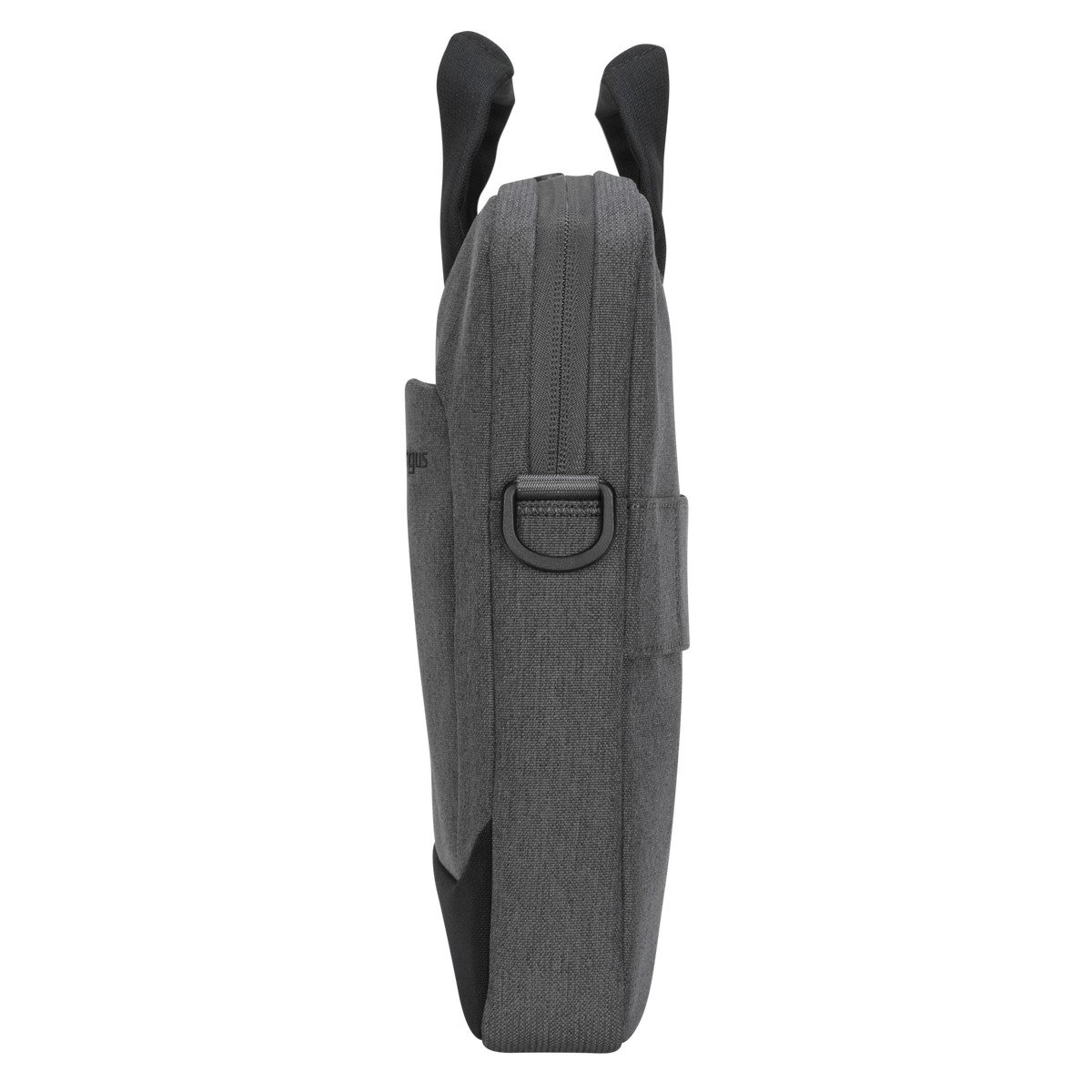 Seitenansicht einer grauen Targus Laptoptasche. Sie hat einen Griff, Schulterriemenbefestigung und eine Seitentasche.