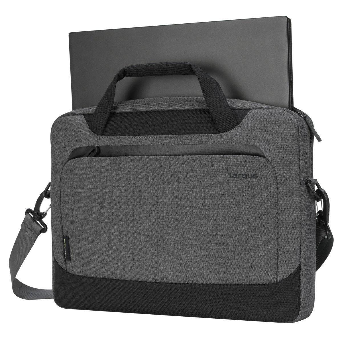 Graue Targus Laptop-Tasche mit Laptop. Schwarzer Boden und Gurt.