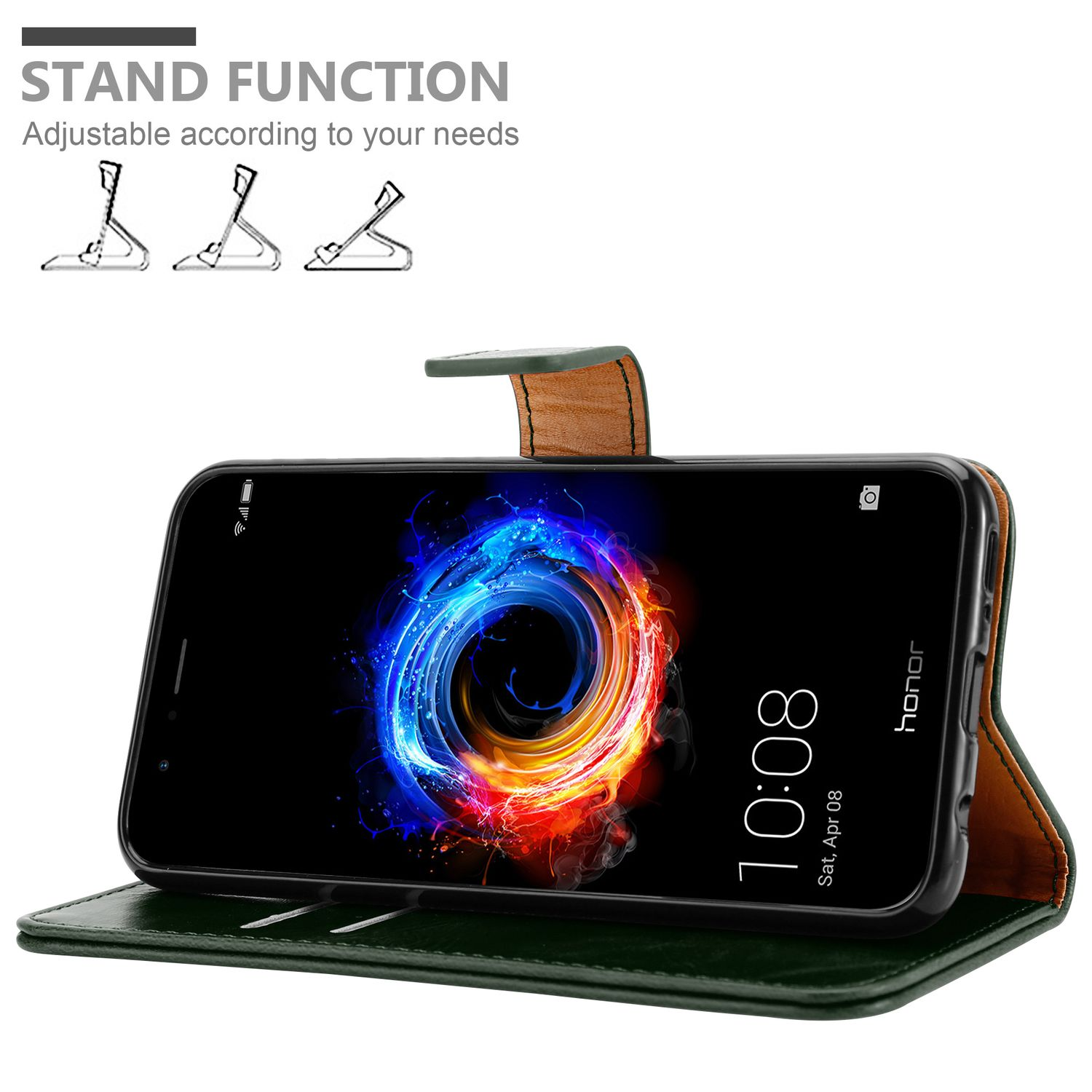 Smartphone nero in una custodia di pelle verde. Mostra l'ora e un'immagine colorata.