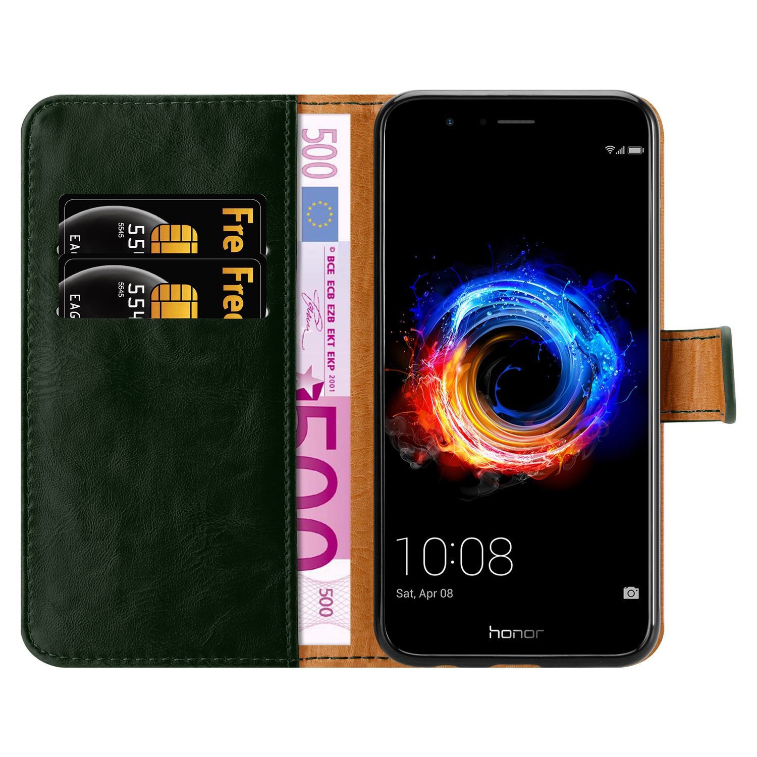 Smartphone in una custodia a portafoglio, che mostra lo schermo e gli slot per carte con denaro.