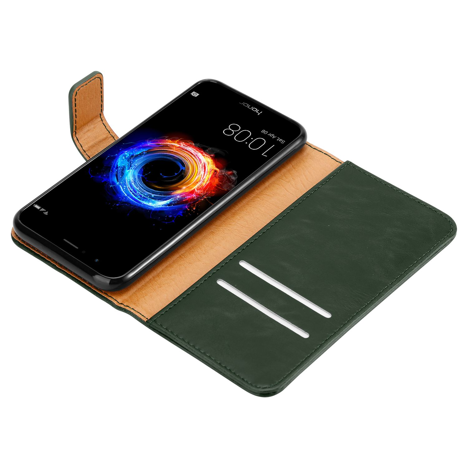 Smartphone nero in portafoglio in pelle verde. Lo schermo mostra grafica e ora.