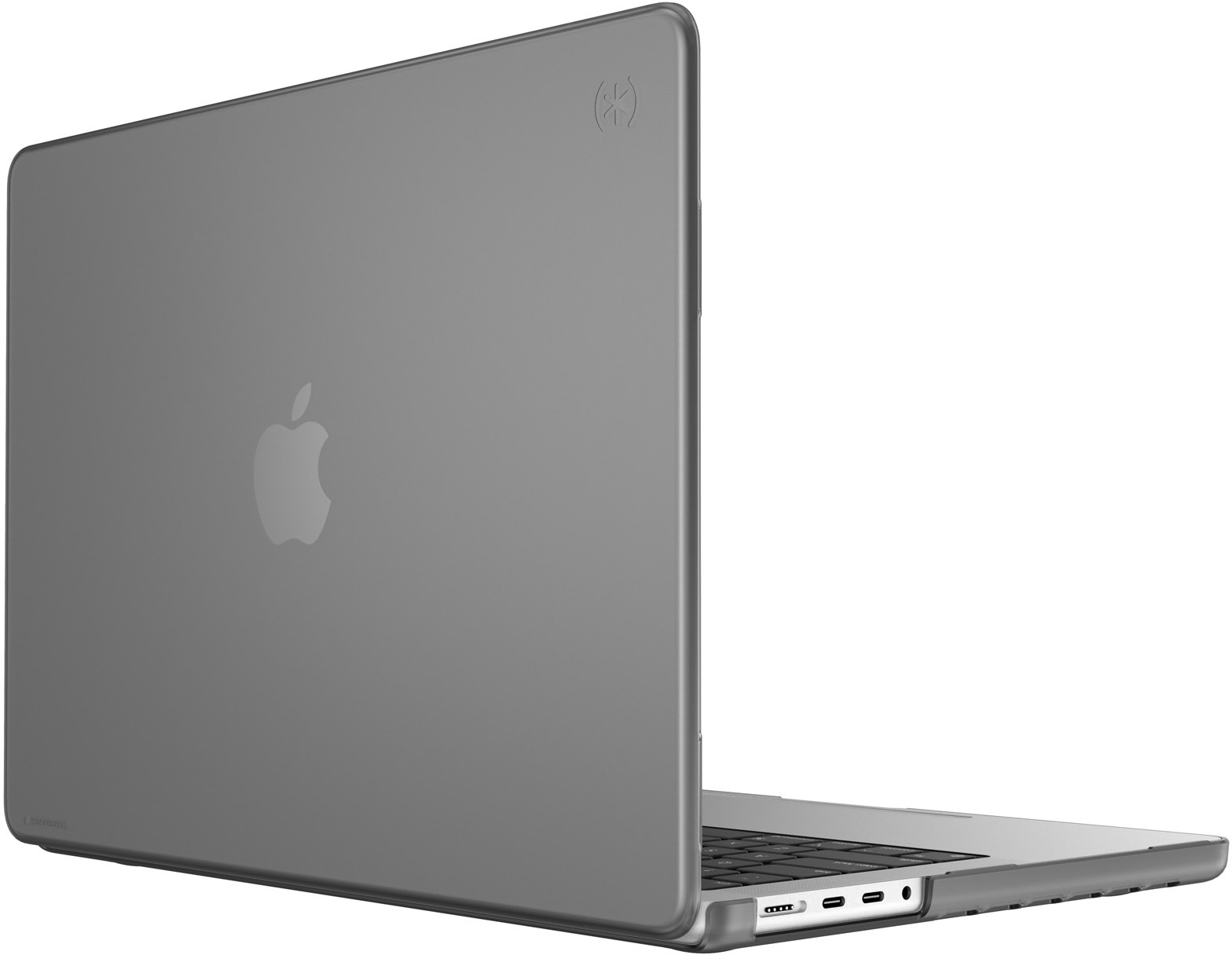 Un laptop grigio in una custodia su una superficie bianca.