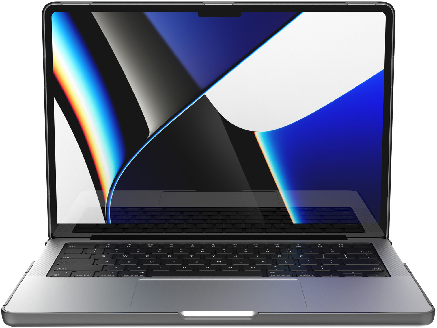 Laptop con schermo vibrante che mostra un'opera d'arte digitale e una tastiera, con il coperchio aperto.
