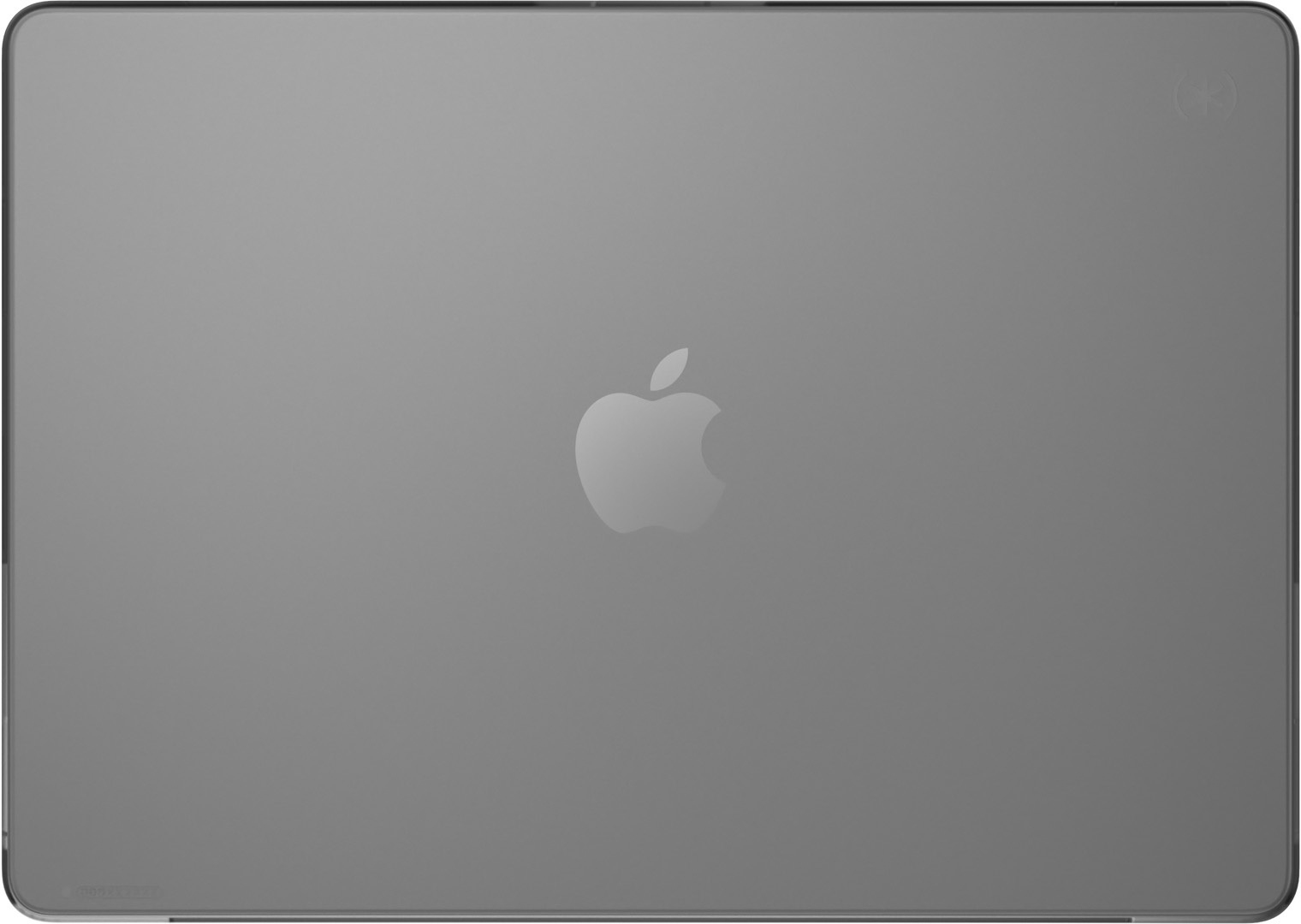 Laptop Apple grigio con il logo Apple. La parte superiore del laptop è visibile.