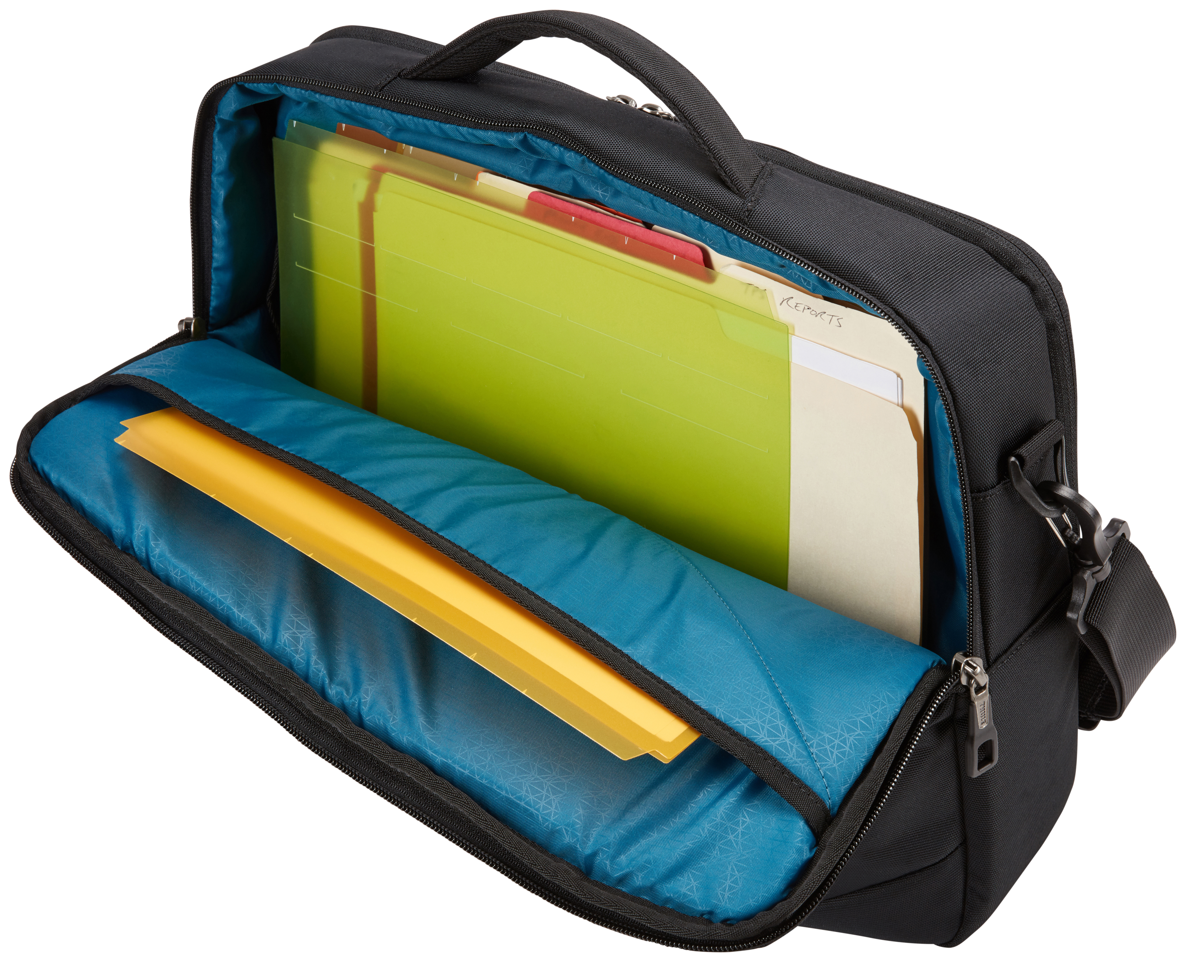 Borsa nera per laptop con scomparto aperto che mostra file.