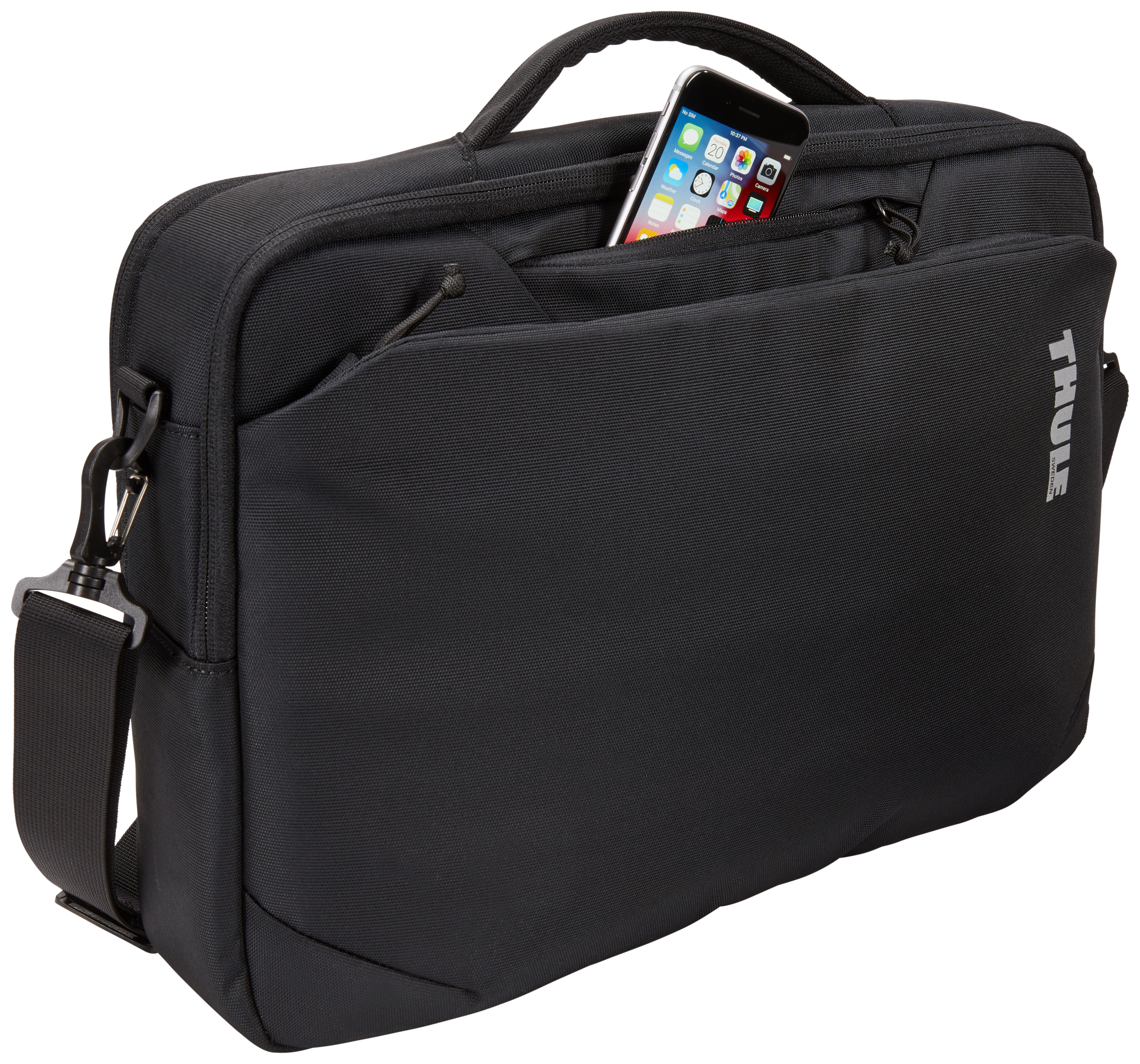 Borsa nera per laptop con telefono nella tasca anteriore e tracolla. Logo Thule visibile.