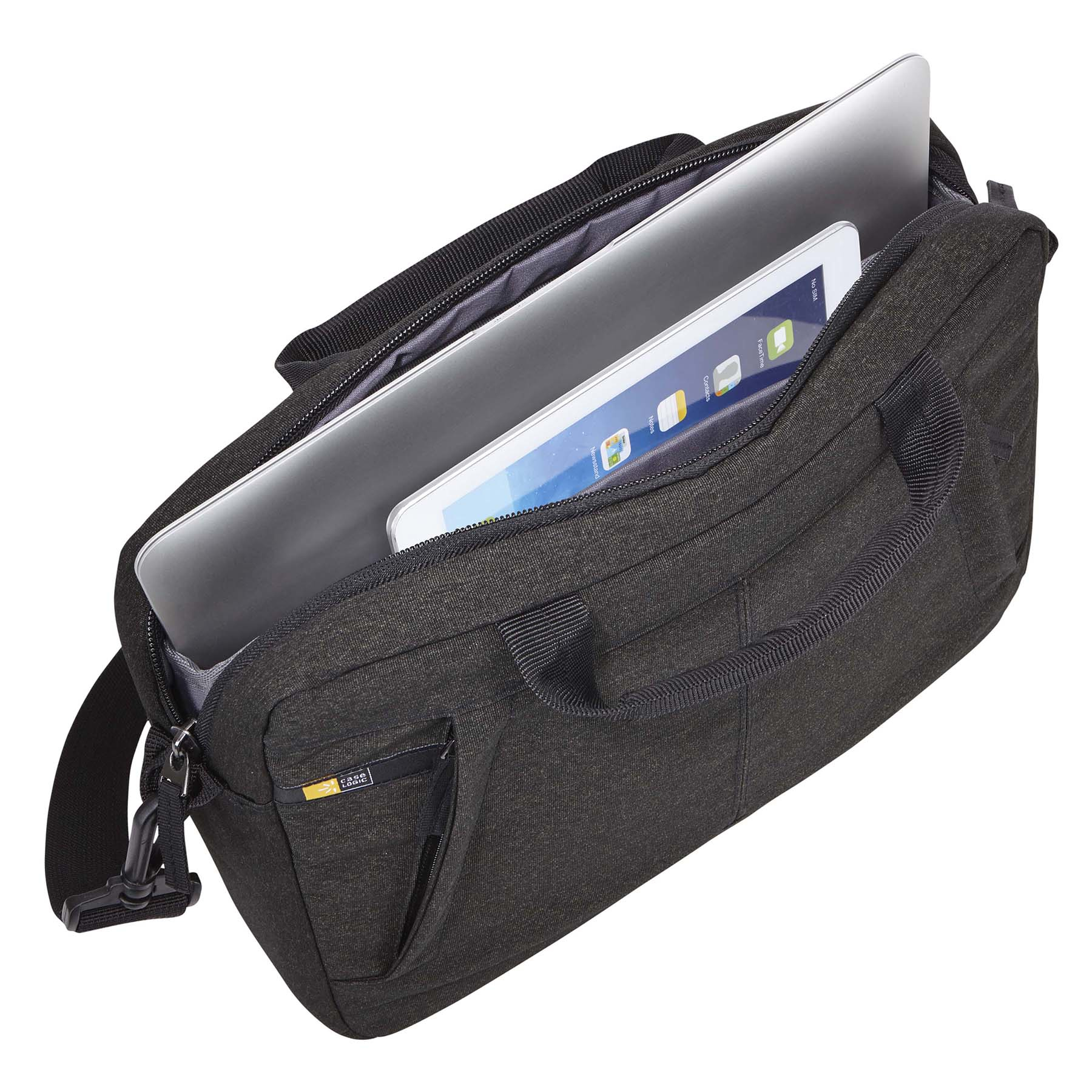 Sacoche d'ordinateur portable noire ouverte avec ordinateur portable et tablette à l'intérieur. Poignées noires et une sangle. La marque est CASE.