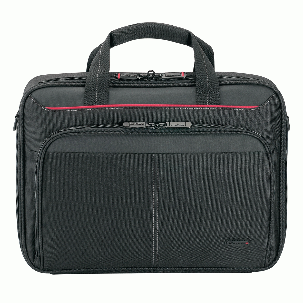 Borsa nera per laptop con finiture rosse, manici, tasche e loghi.
