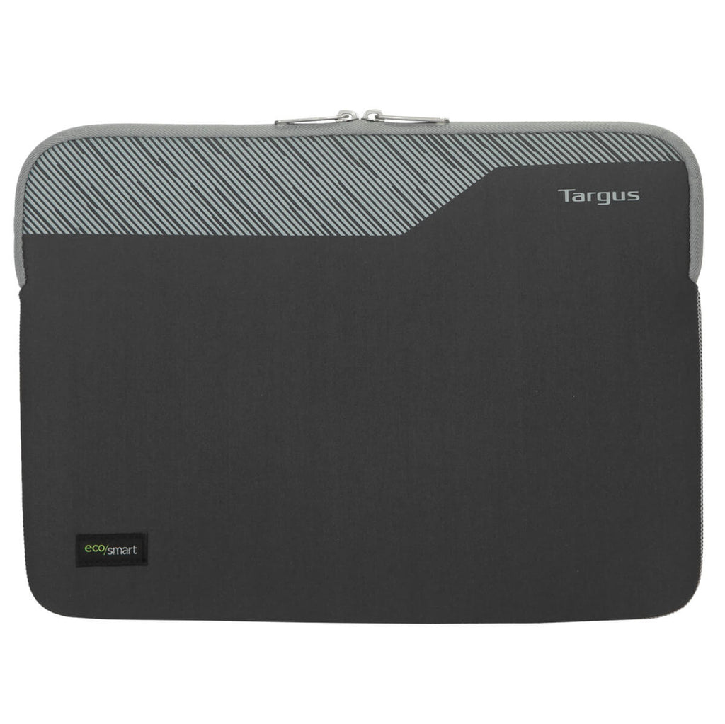 Custodia nera per laptop con parte superiore grigia e logo Targus, su sfondo bianco.