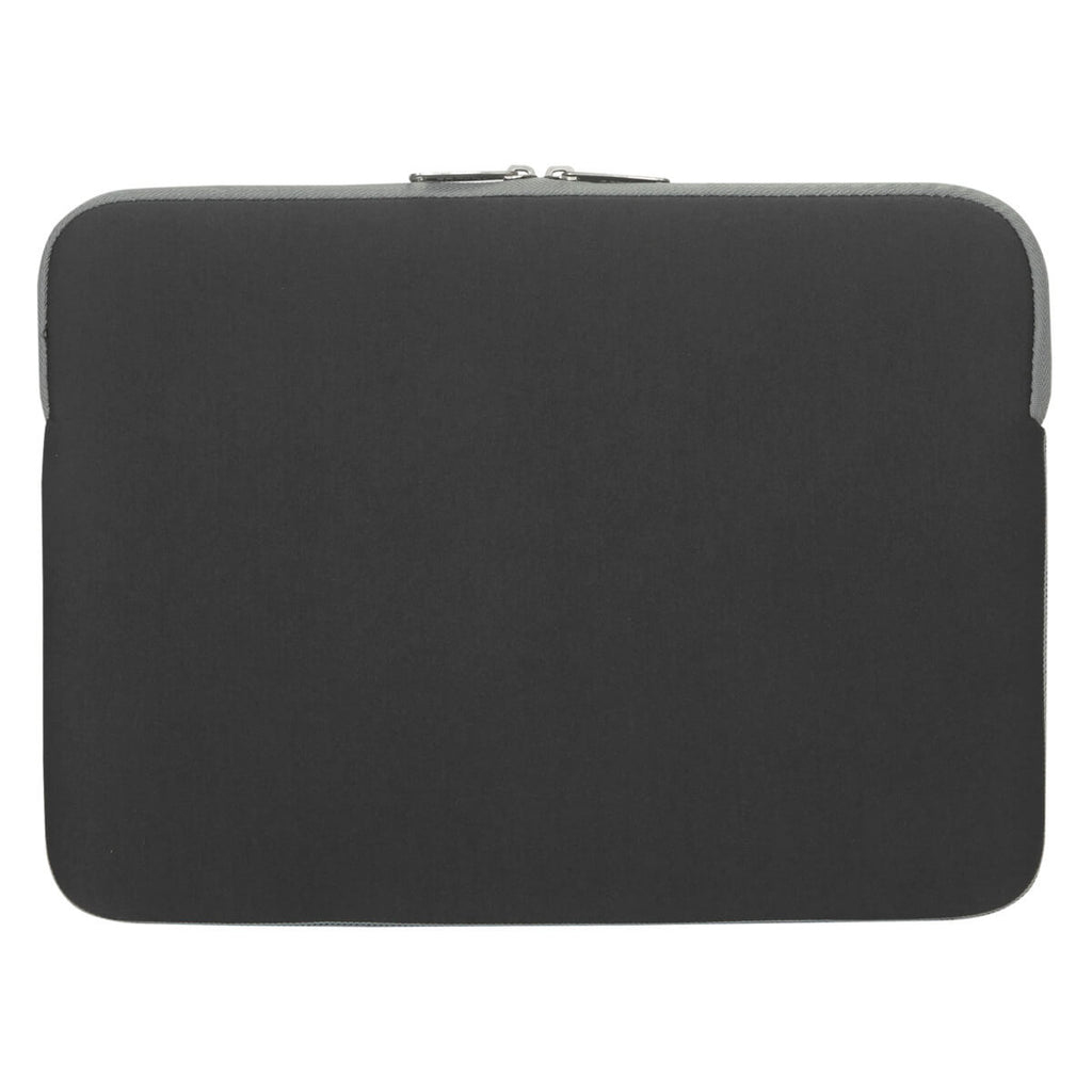 Custodia nera per laptop, chiusa, con cerniera e bordo grigio, design semplice.