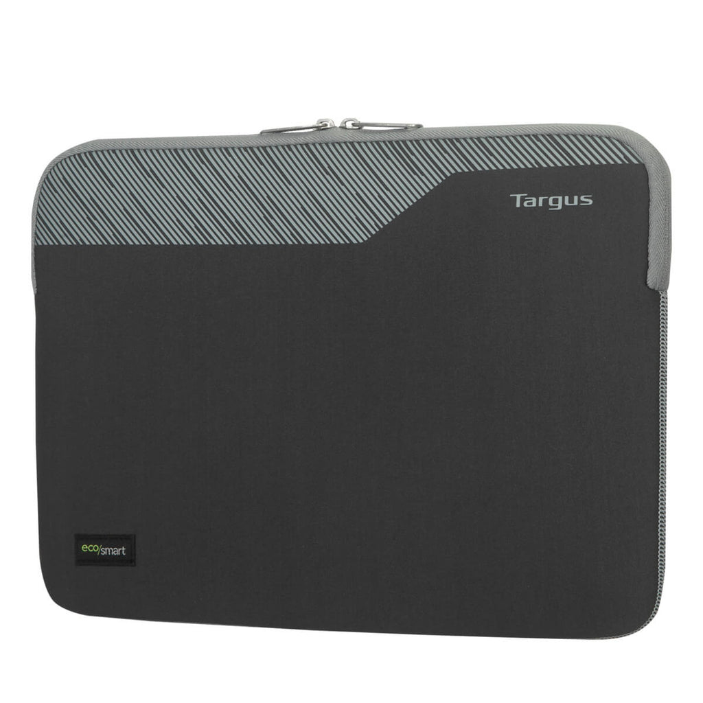 Custodia per laptop nera e grigia. Ha un logo Targus e un'etichetta EcoSmart.