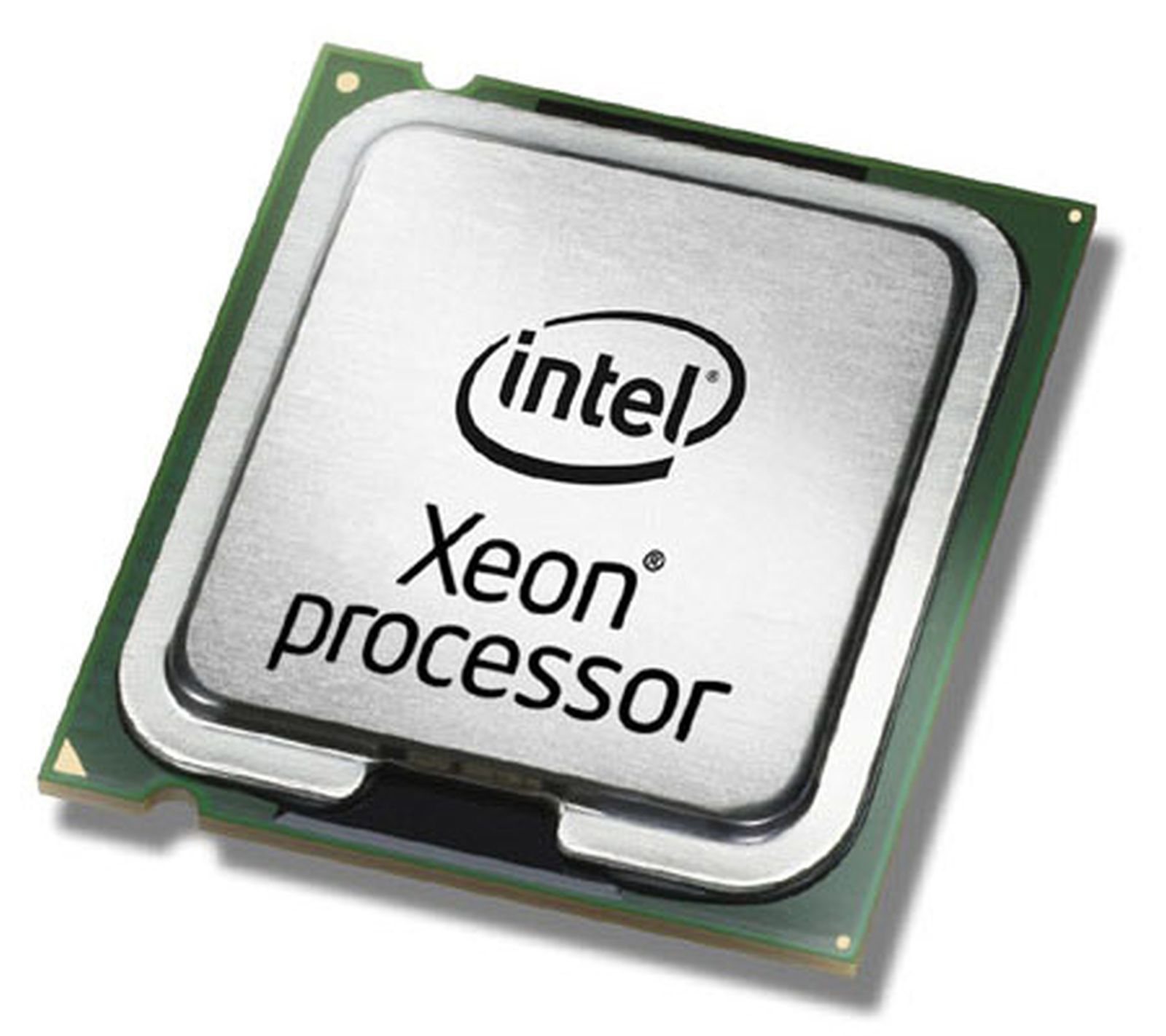 Srebrny procesor Intel Xeon na zielonej płytce drukowanej. Widoczne logo Intel.
