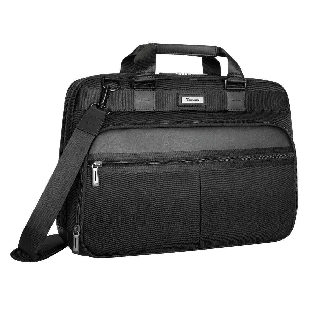 Borsa per laptop nera con tracolla, maniglia e scomparti con cerniera.