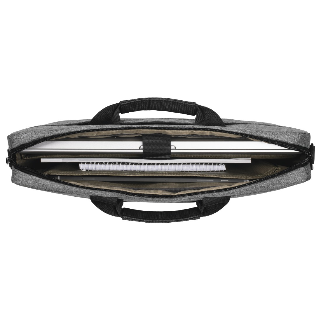 Otwarta torba na laptopa, pokazująca laptopa i notatnik. Szara torba. Białe tło.