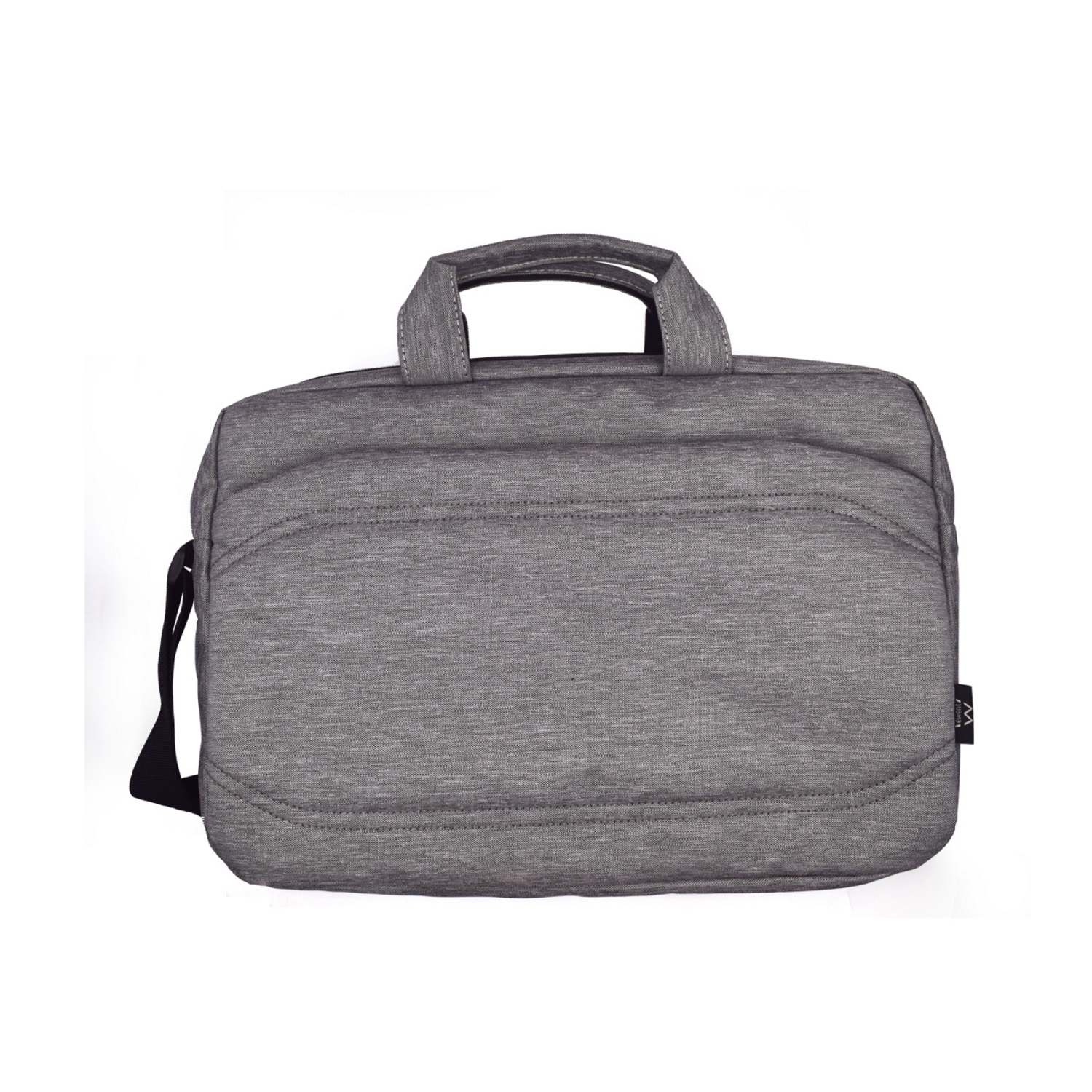 Borsa per laptop grigia con manico e tracolla. La borsa è su uno sfondo bianco.