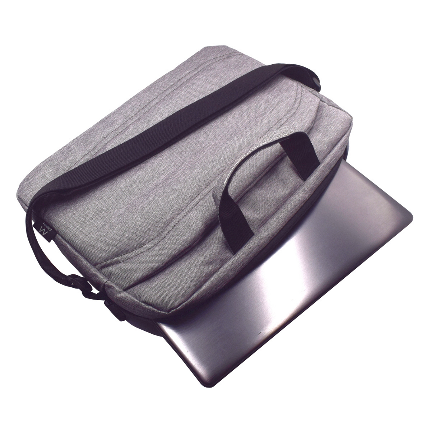 Laptop con borsa grigia, aperta, con cinturino nero e laptop all'interno.