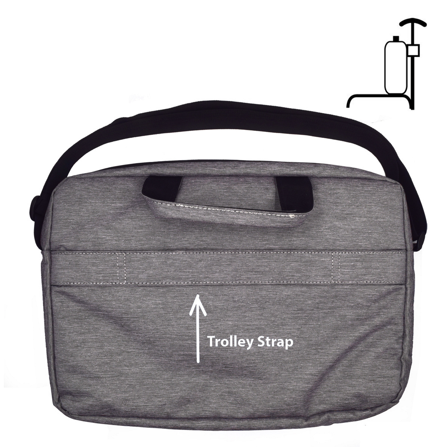 Borsa grigia per laptop con una cinghia per trolley e un'etichetta per cinghia per trolley. Un'icona di disinfettante per le mani è in alto.