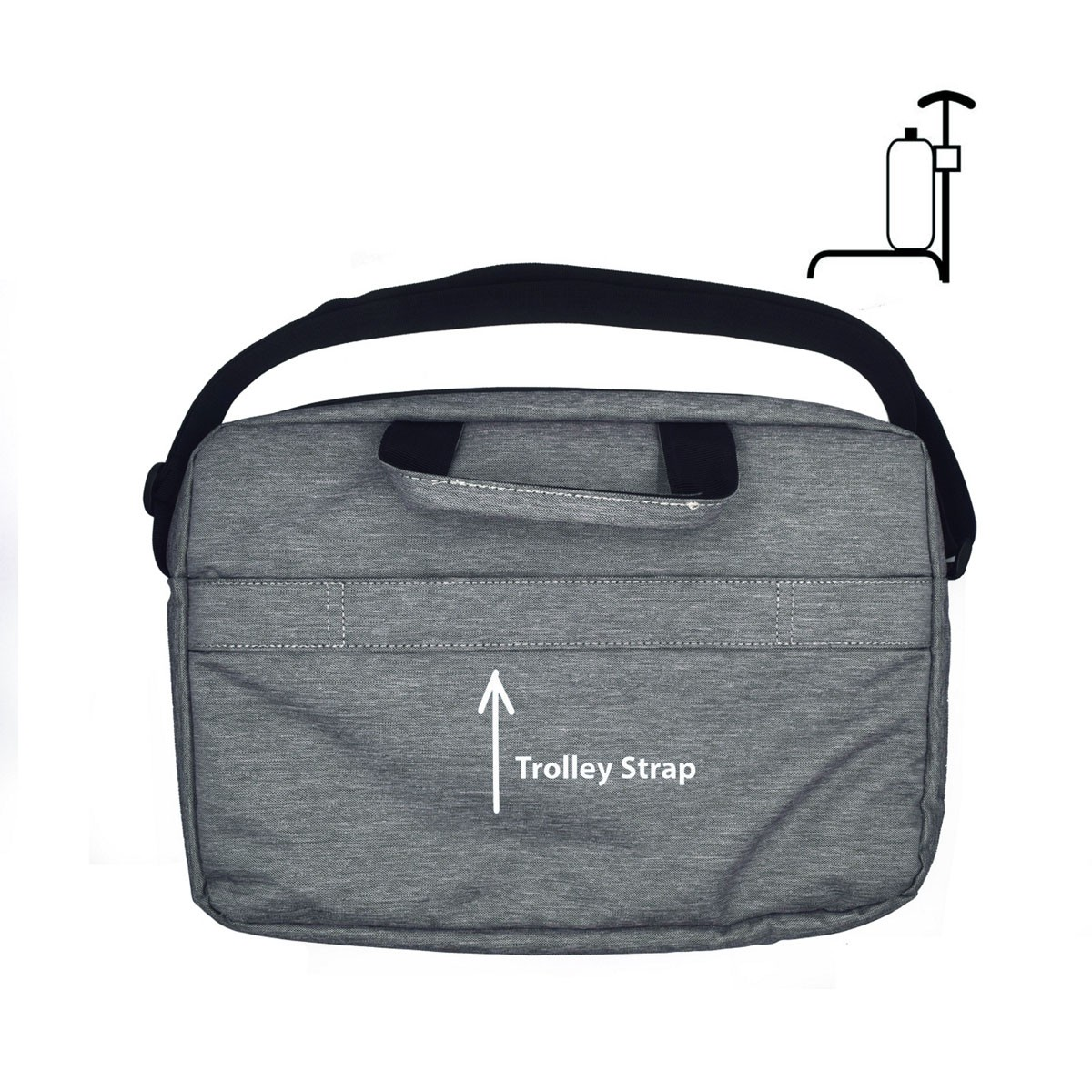 Borsa grigia per laptop con tracolla per trolley e tracolla. Un grafico di un trolley è nell'angolo.