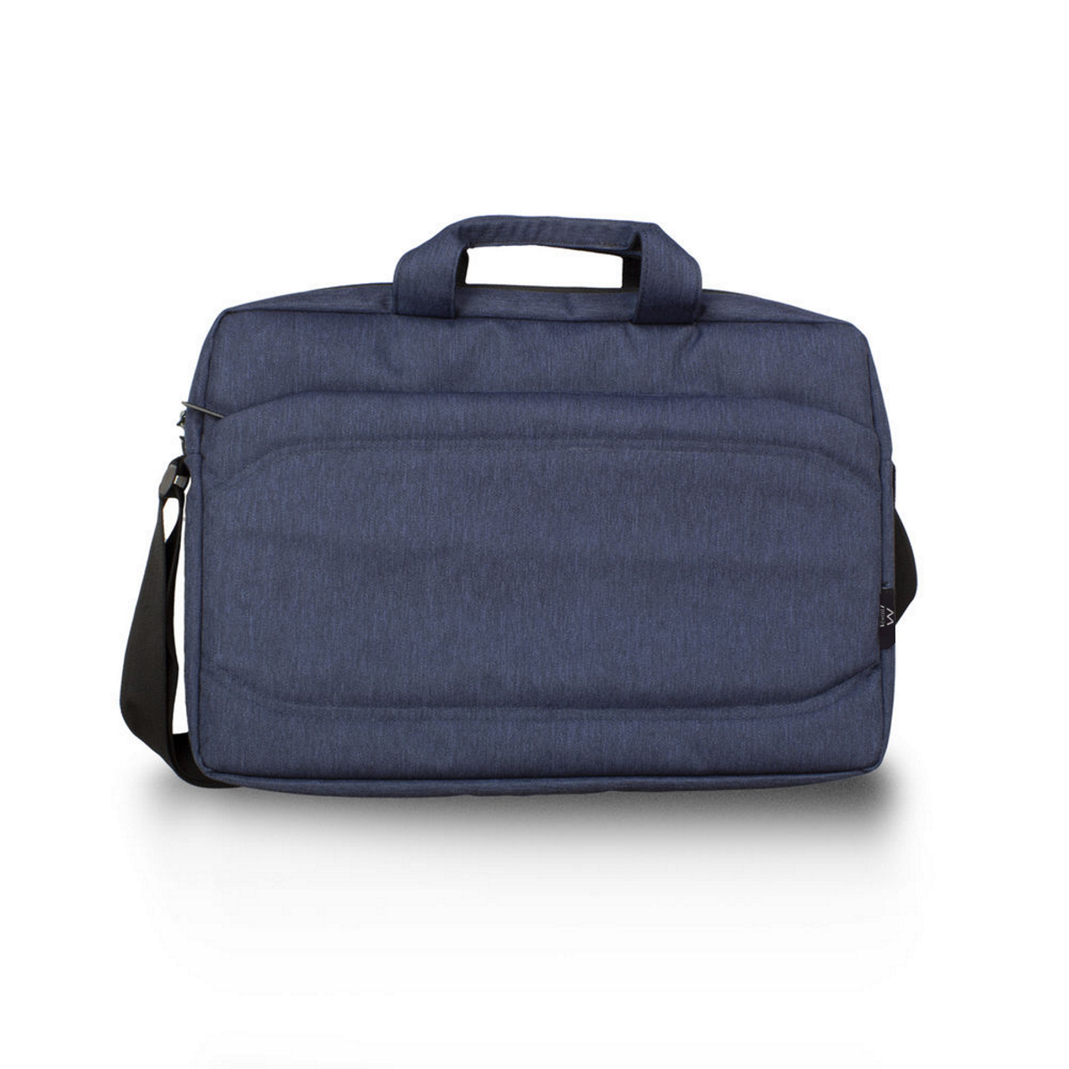 Borsa per laptop blu con maniglia e tracolla. Sfondo bianco.