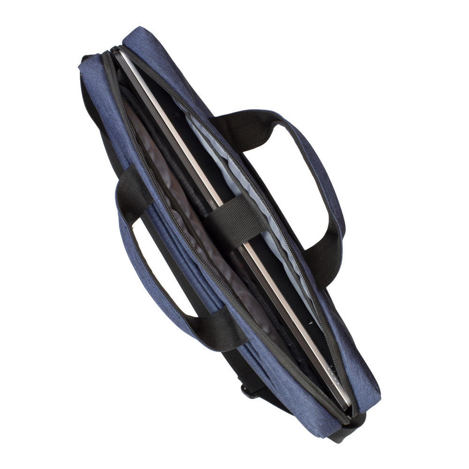 Borsa blu per laptop con due laptop all'interno, visibili, con manici neri.