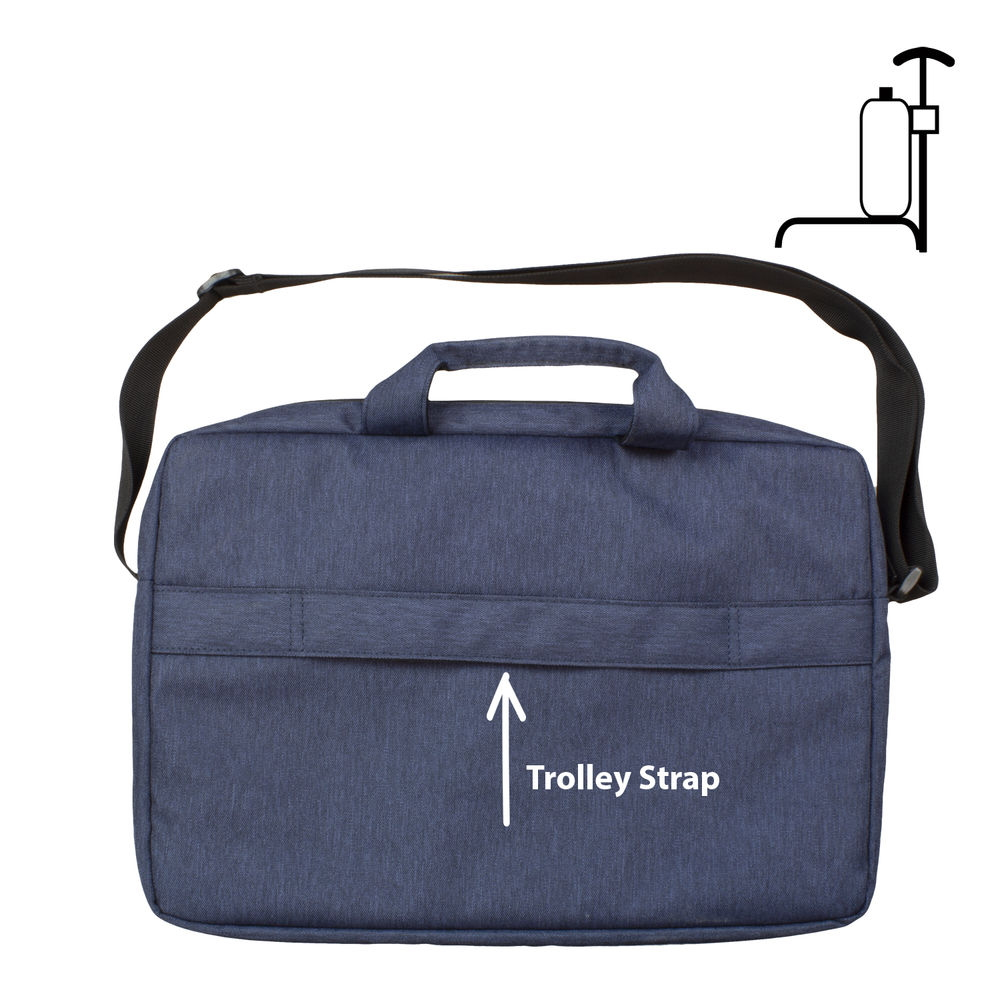 Borsa blu per laptop con una cinghia per trolley e un'etichetta per cinghia per trolley. Un'icona di disinfettante per le mani è in alto.