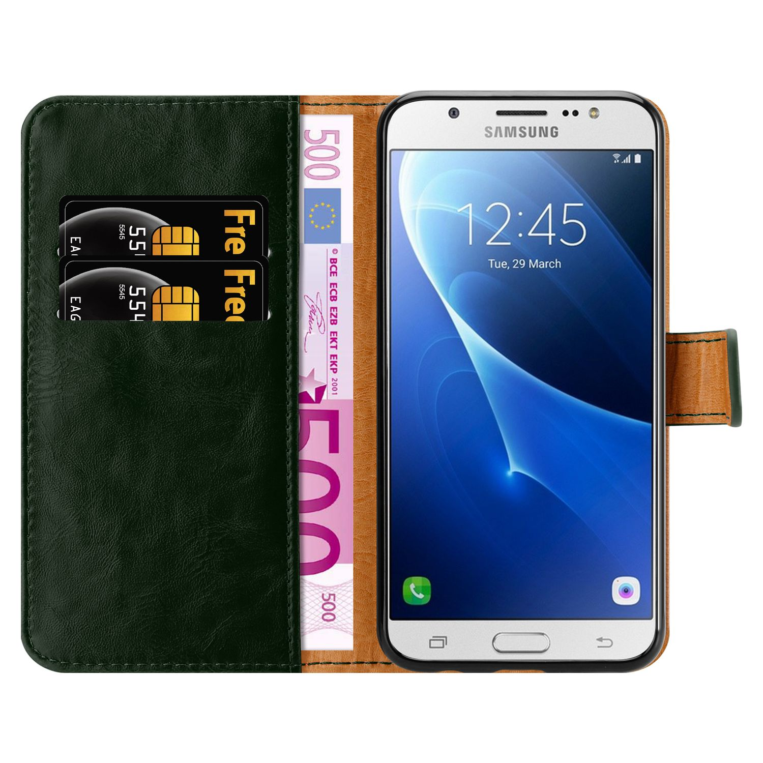 Smartphone all'interno di un portafoglio con carte e denaro. Sfondo bianco.