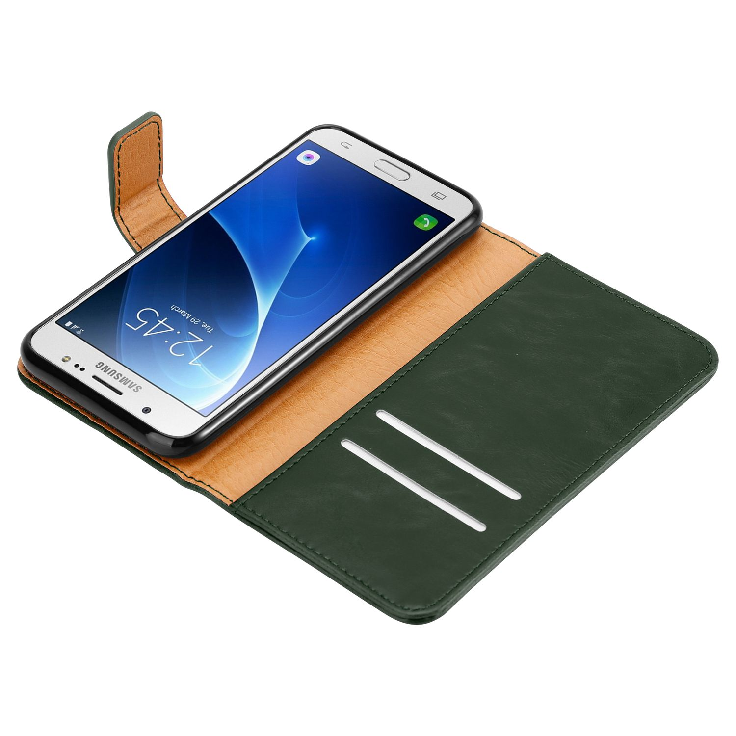 Un telefono Samsung in una custodia di pelle verde. Lo schermo mostra l'ora 12:45.